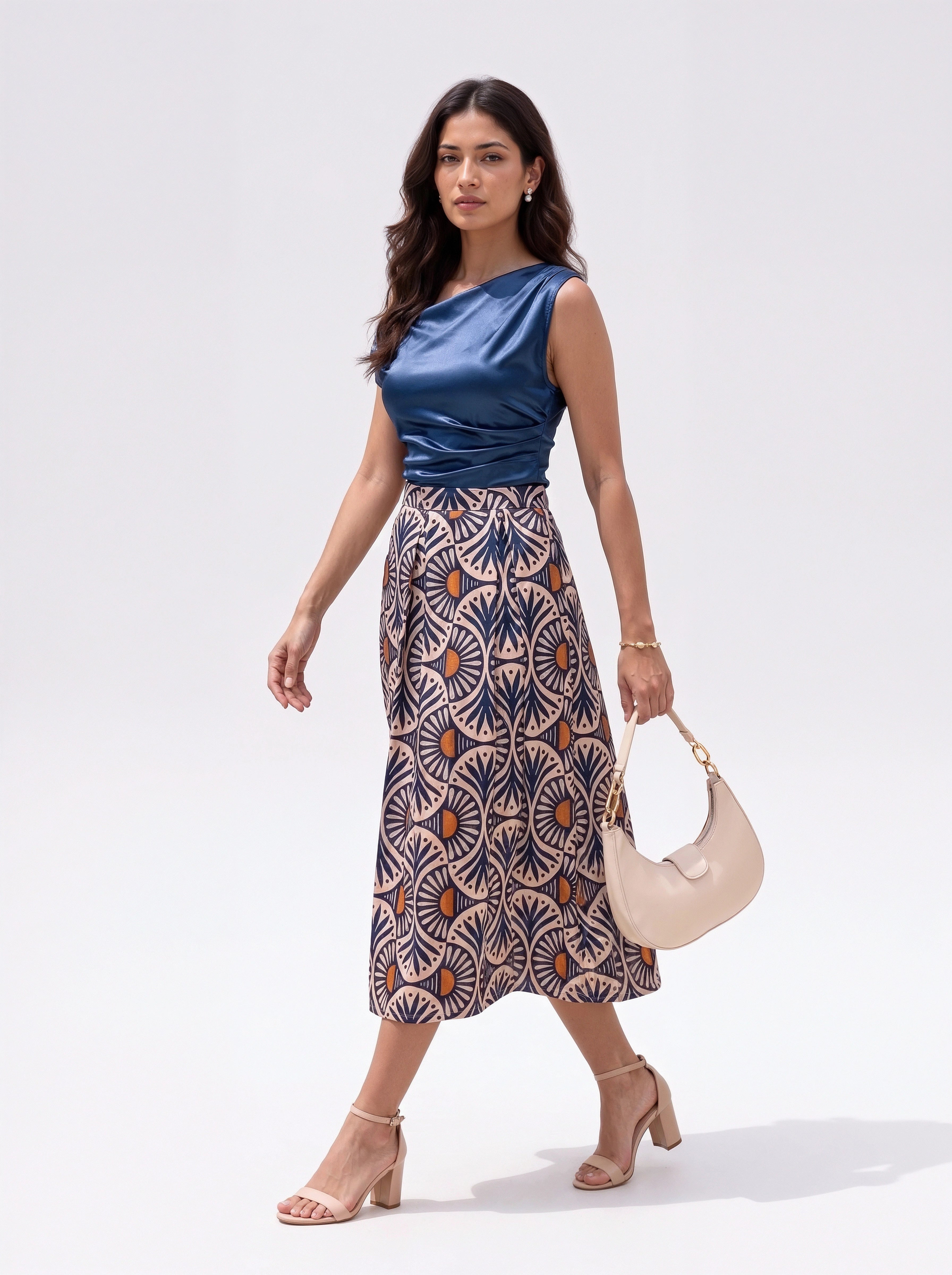 Blue Geometric Printed Pleated Midi Skirt