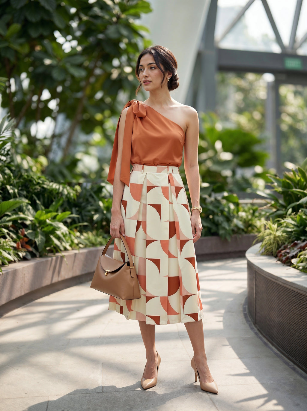 Peach Geometric Printed Pleated Midi Skirt