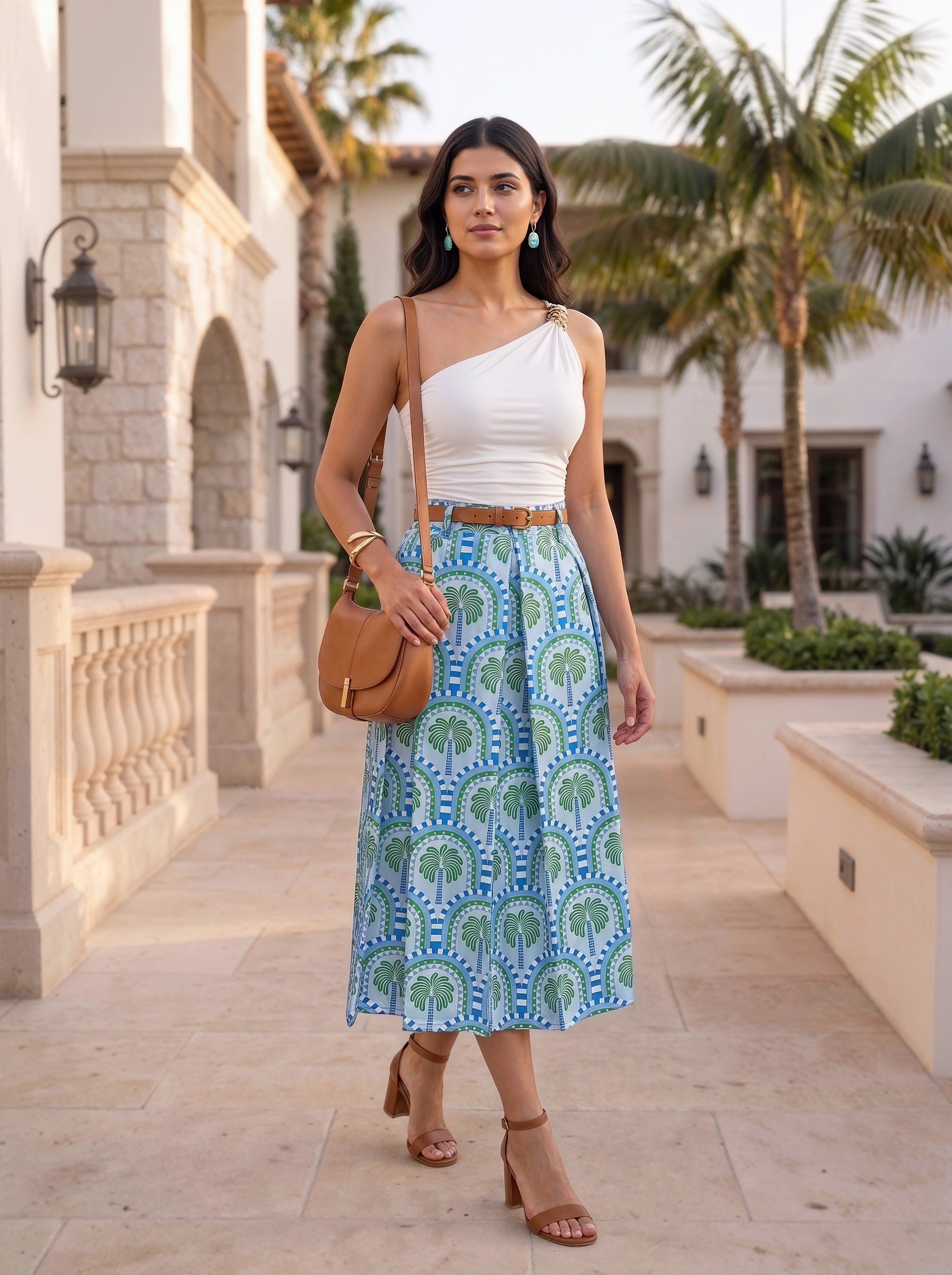 Blue Tropical Printed Pleated Midi Skirt