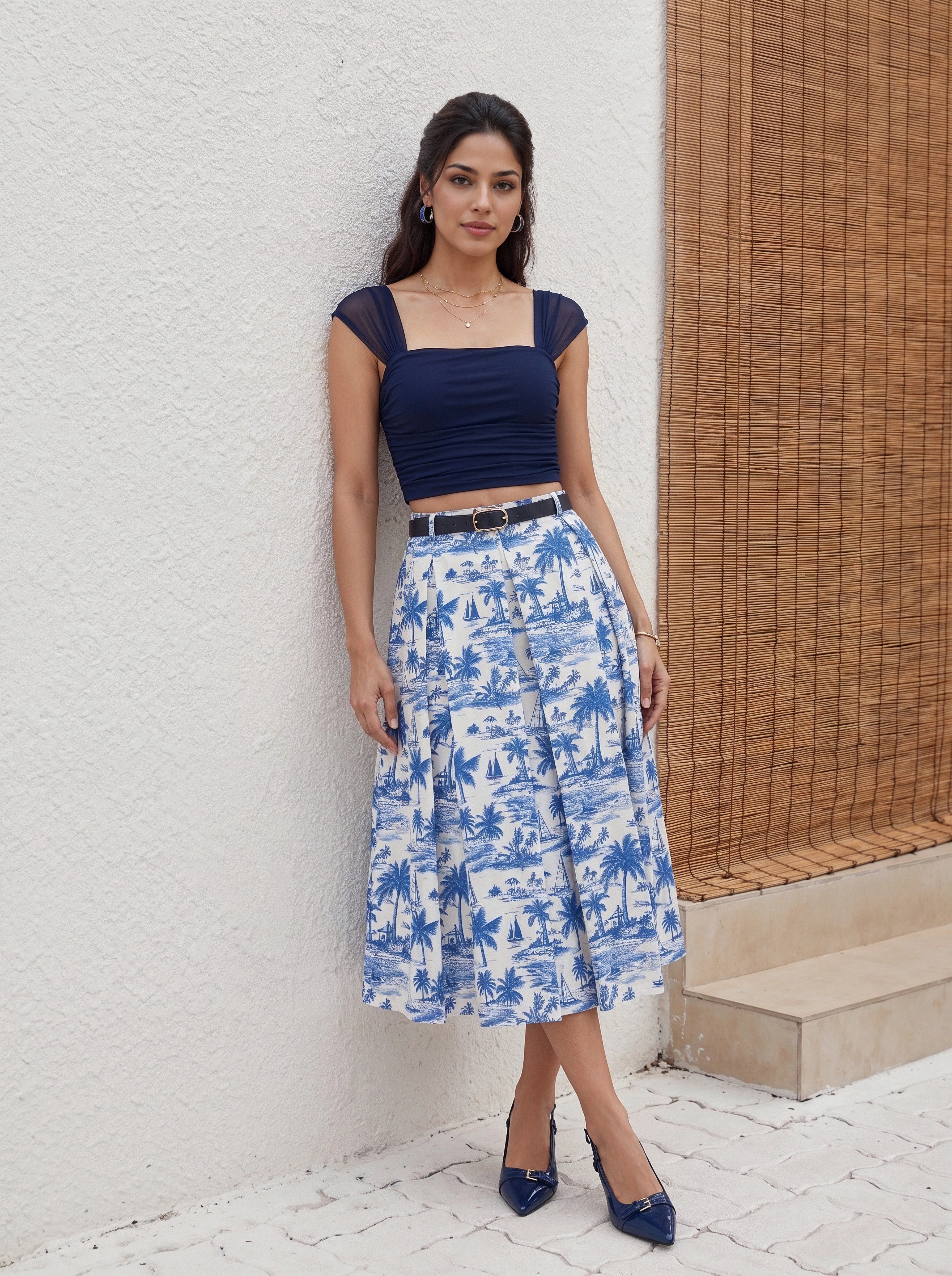 Blue Tropical Scenic Printed Pleated Midi Skirt