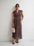 Brown Polka Dot Flutter Sleeve Maxi Dress
