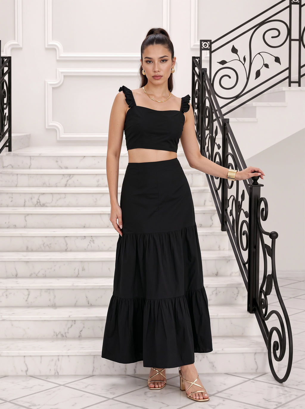 Black Ruffle Strap Crop Top & Tiered Skirt Co-Ord Set