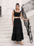 Black Ruffle Strap Crop Top & Tiered Skirt Co-Ord Set