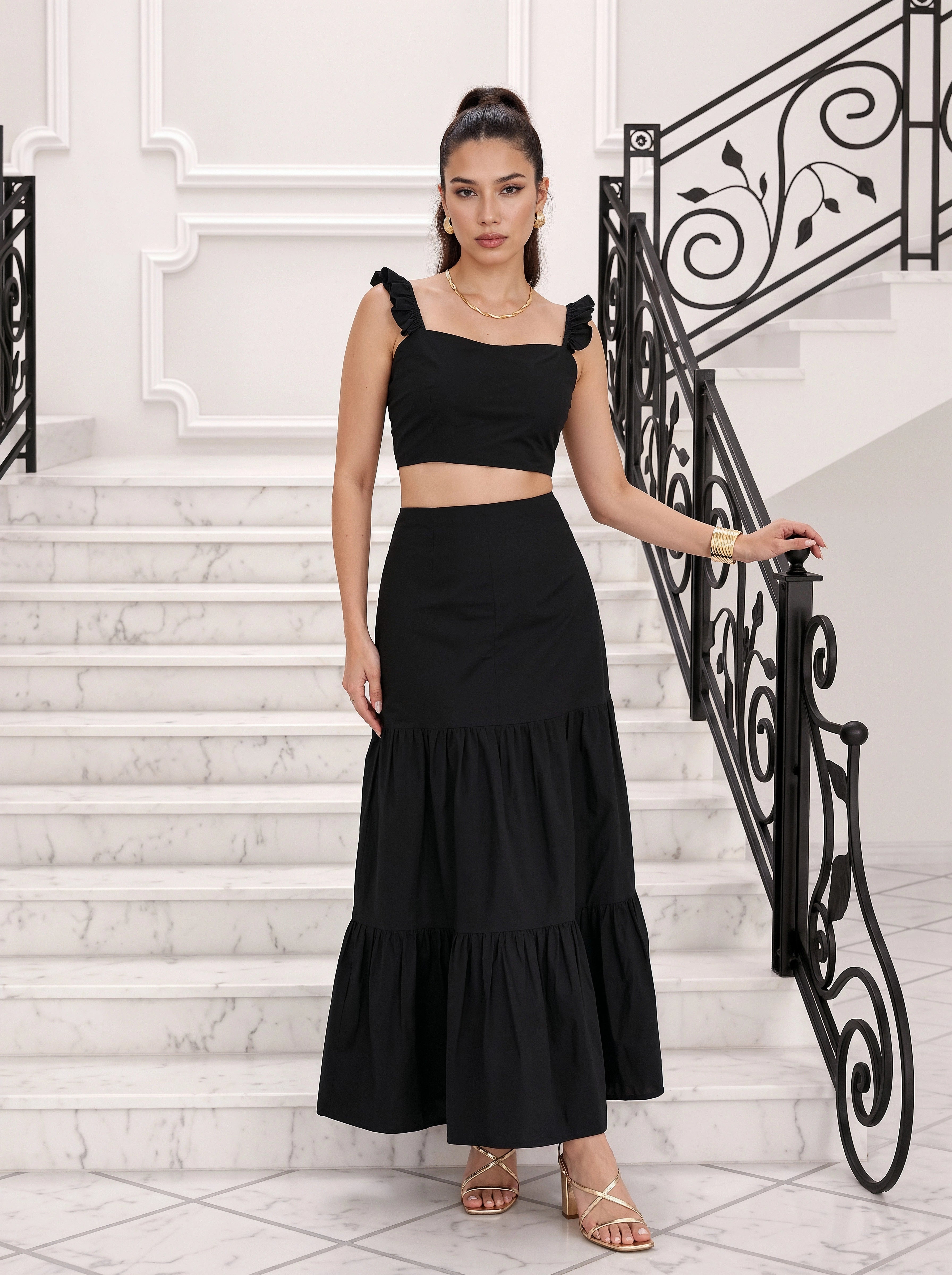 Black Ruffle Strap Crop Top & Tiered Skirt Co-Ord Set