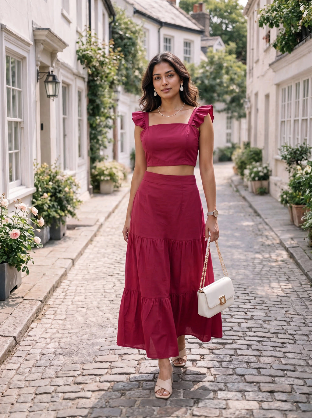 Berry Pink Ruffle Sleeve Crop Top & Tiered Skirt Co-Ord Set