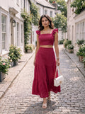 Berry Pink Ruffle Sleeve Crop Top & Tiered Skirt Co-Ord Set