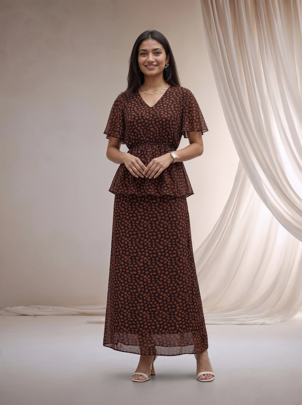Brown Printed Peplum Top & Maxi Skirt Co-Ord Set