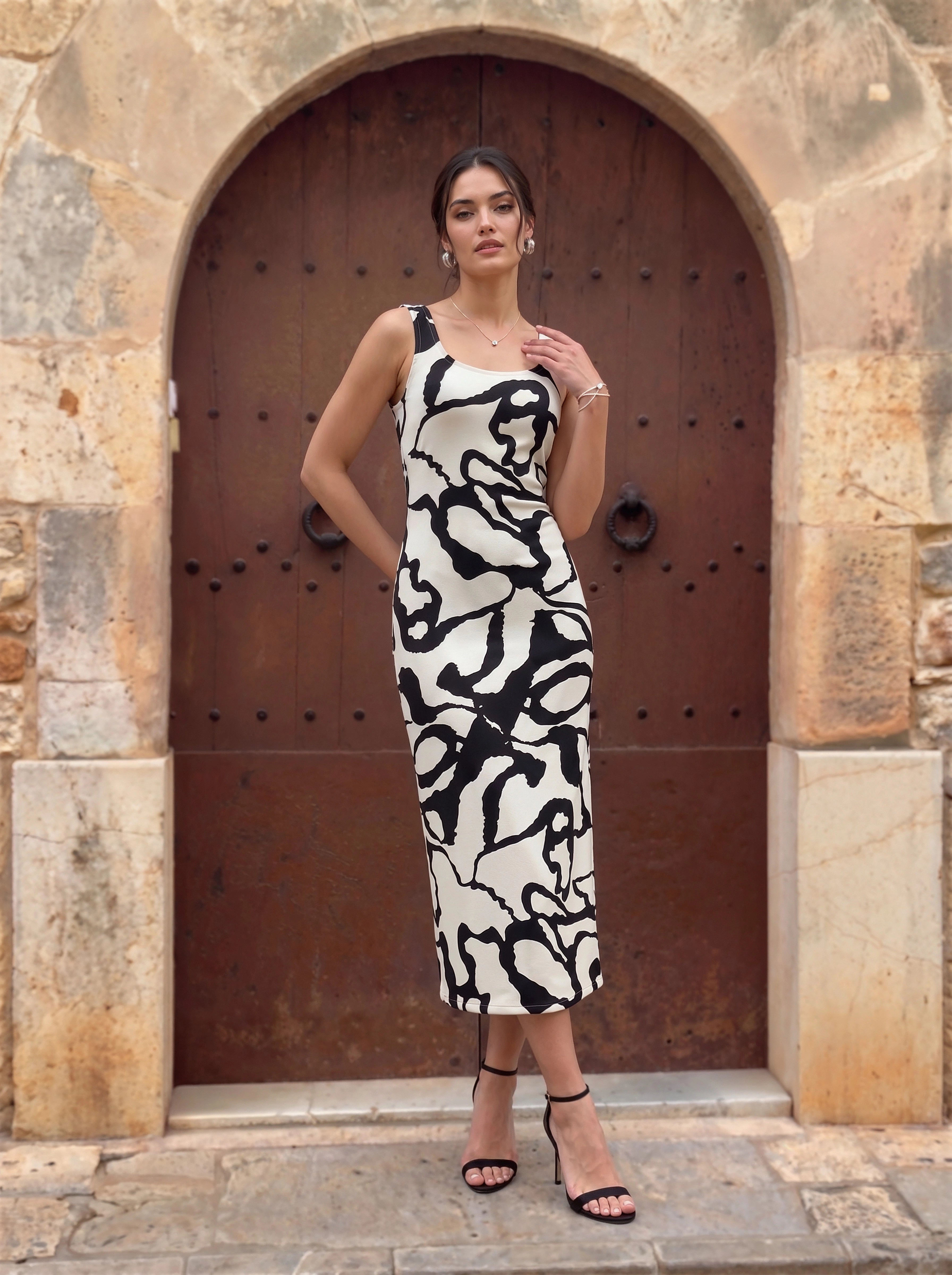 Abstract Monochrome Bodycon Midi Dress