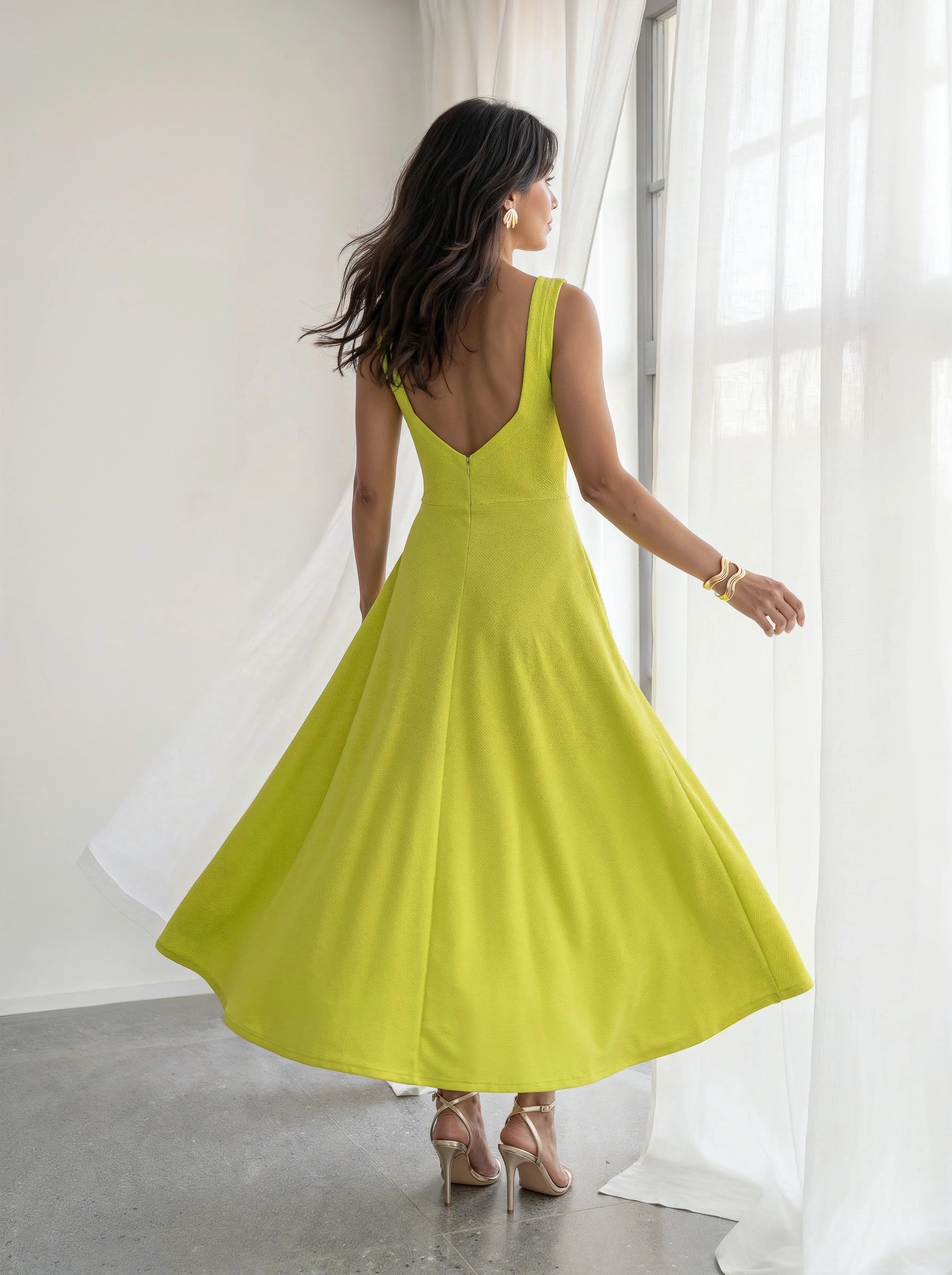 Lime Green Sleeveless Flared Maxi Dress