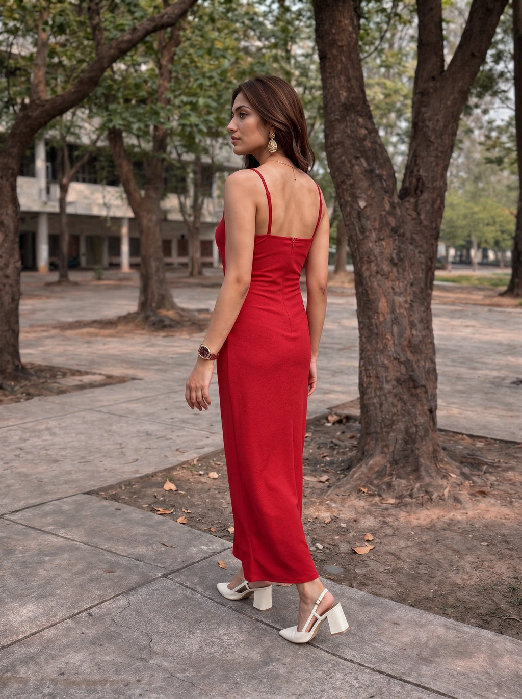Red Strappy Ruched Maxi Dress