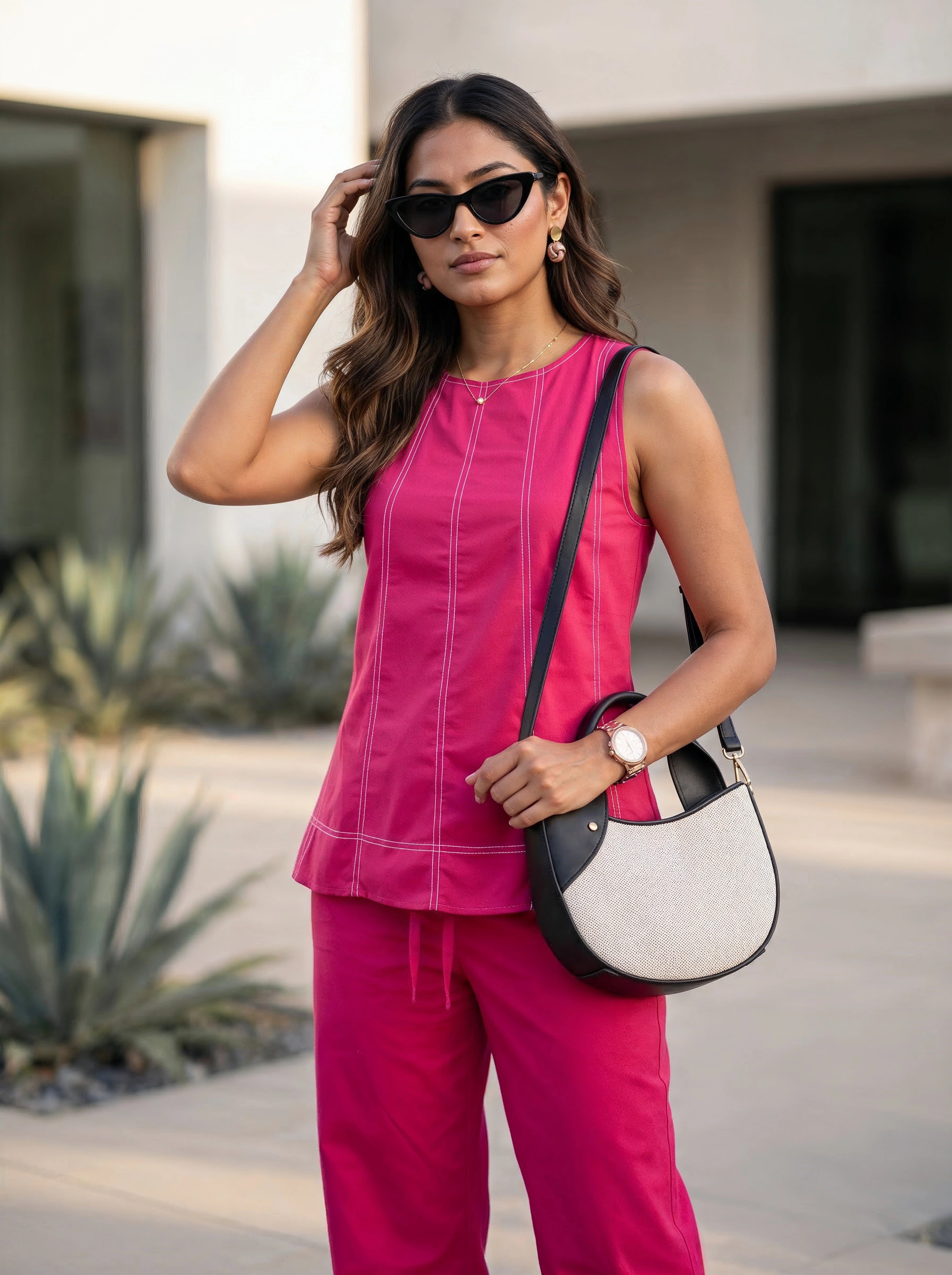 Pink Contrast-Stitch Sleeveless Top & Wide-Leg Pants Co-Ord Set
