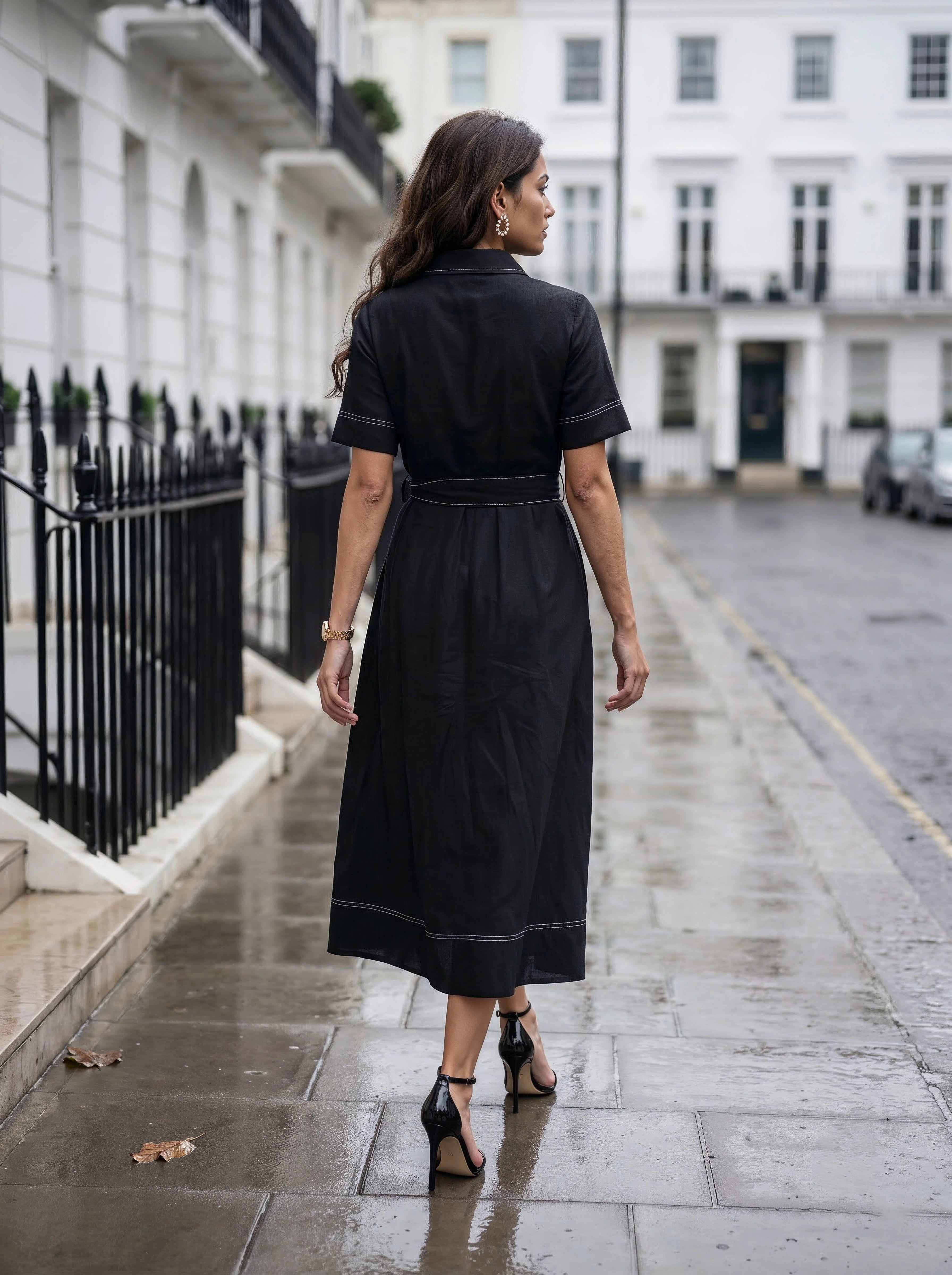 Black Shirt Dress with Contrast Stitching & Waist Tie