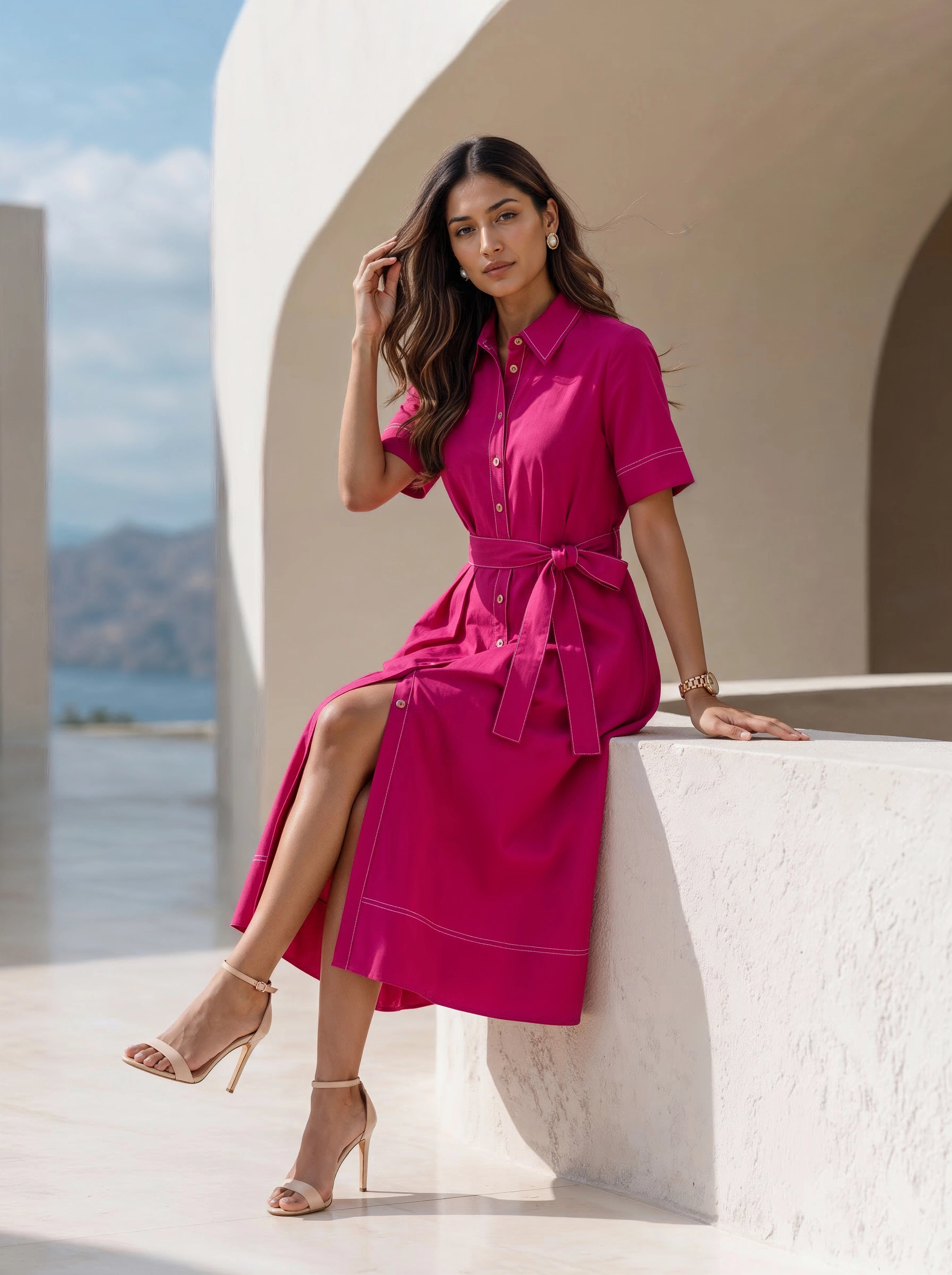 Fuchsia Pink Pleated Midi Skirt