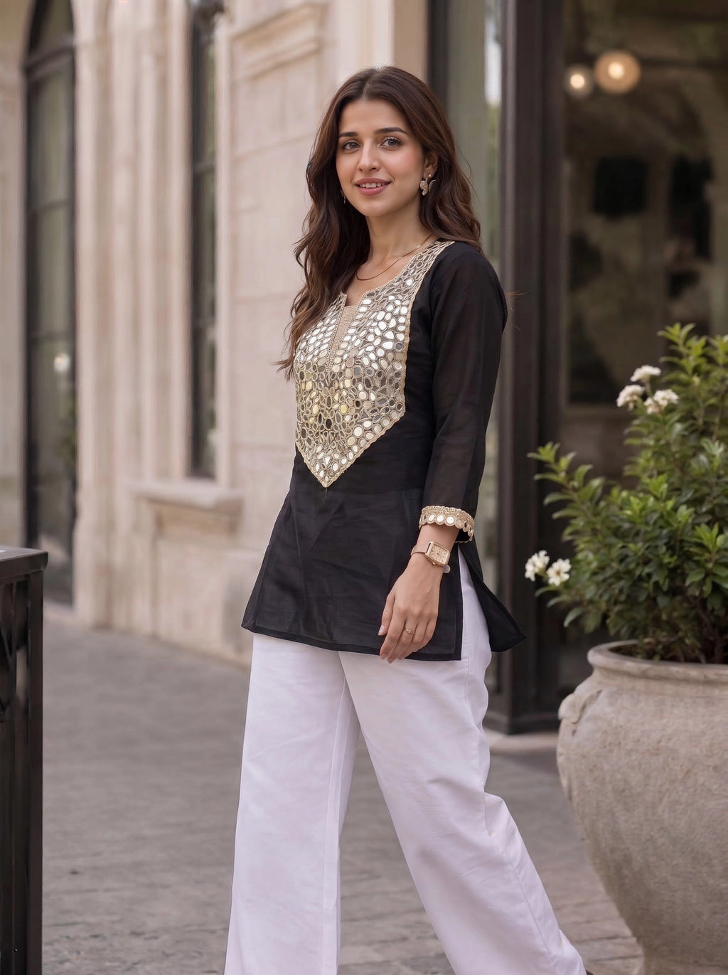 Black Mirror Embellished Sheer Sleeve Party Top