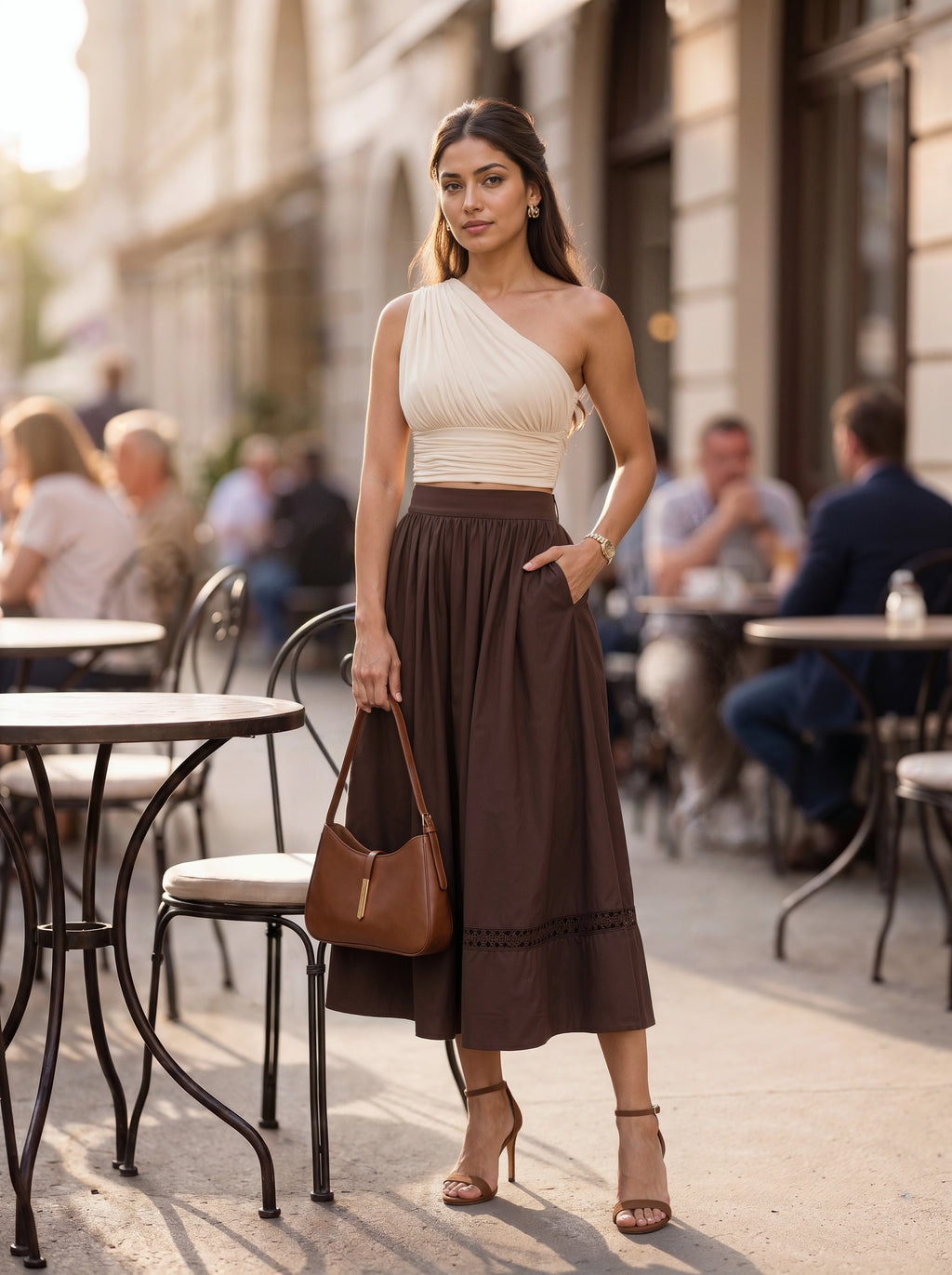 Brown Gathered A-Line Midi Skirt
