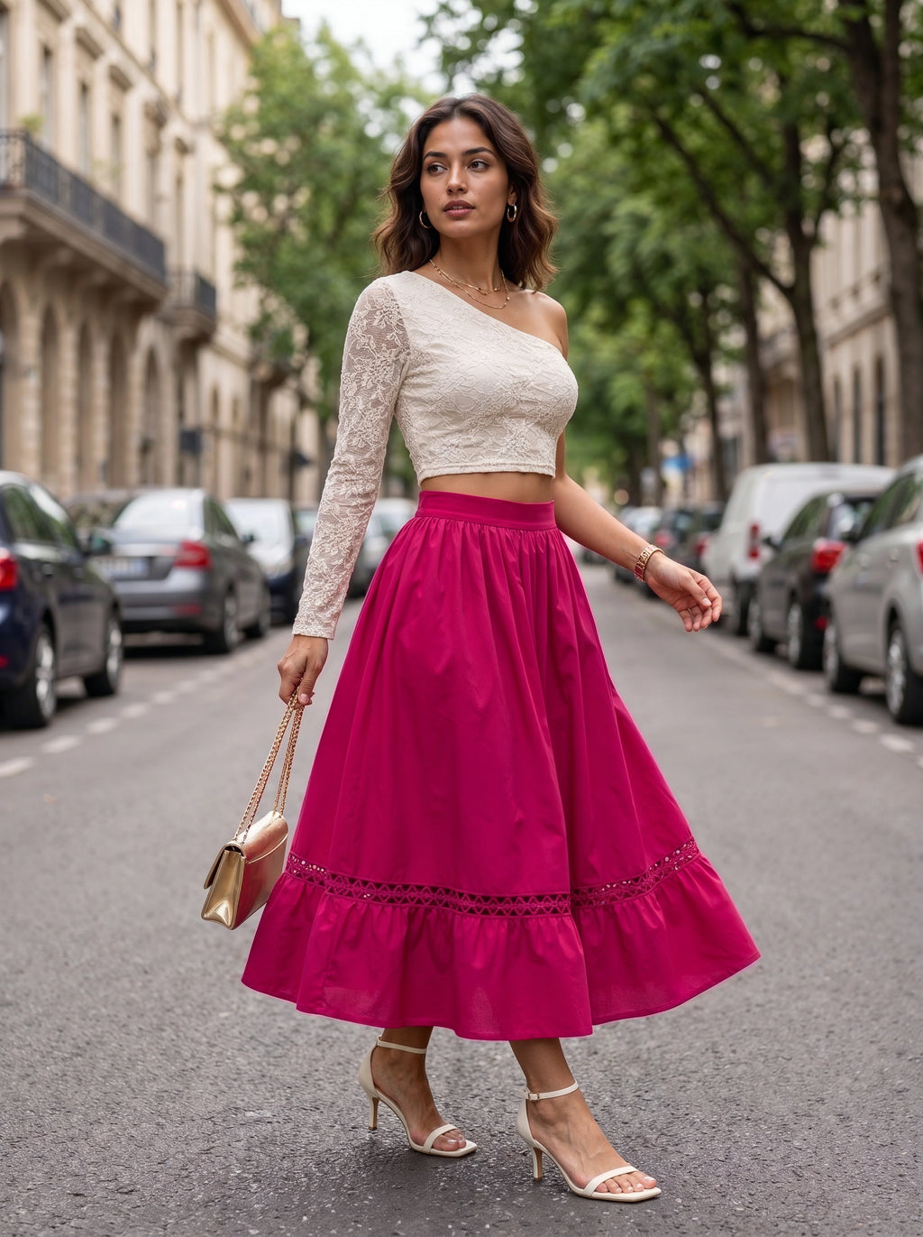 Pink Gathered A-Line Midi Skirt