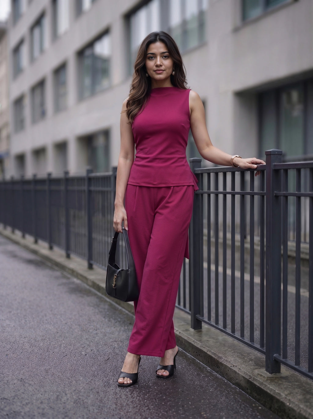 Wine Sleeveless Bow Back Co-Ord Set