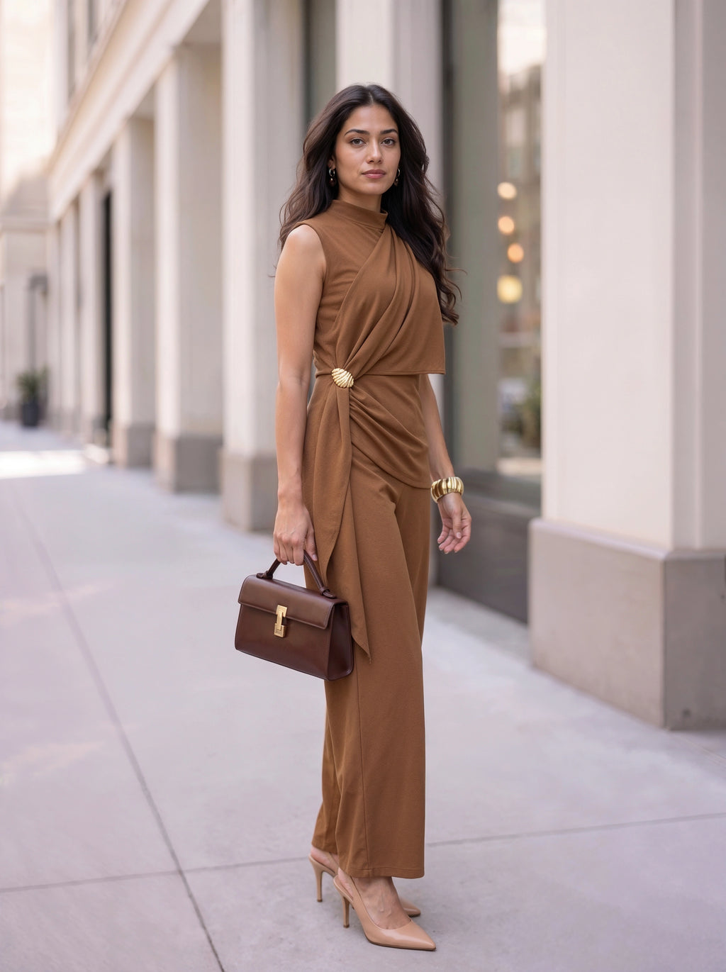 Mocha Draped Sleeveless Co-Ord Set