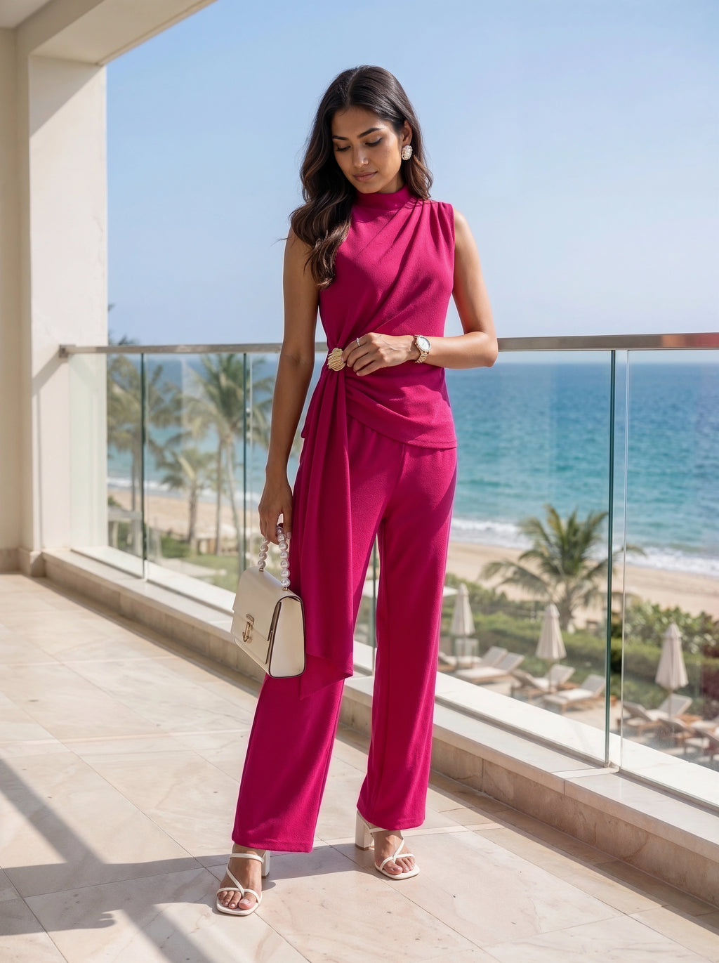 Fuchsia Pink Draped Sleeveless Co-Ord Set