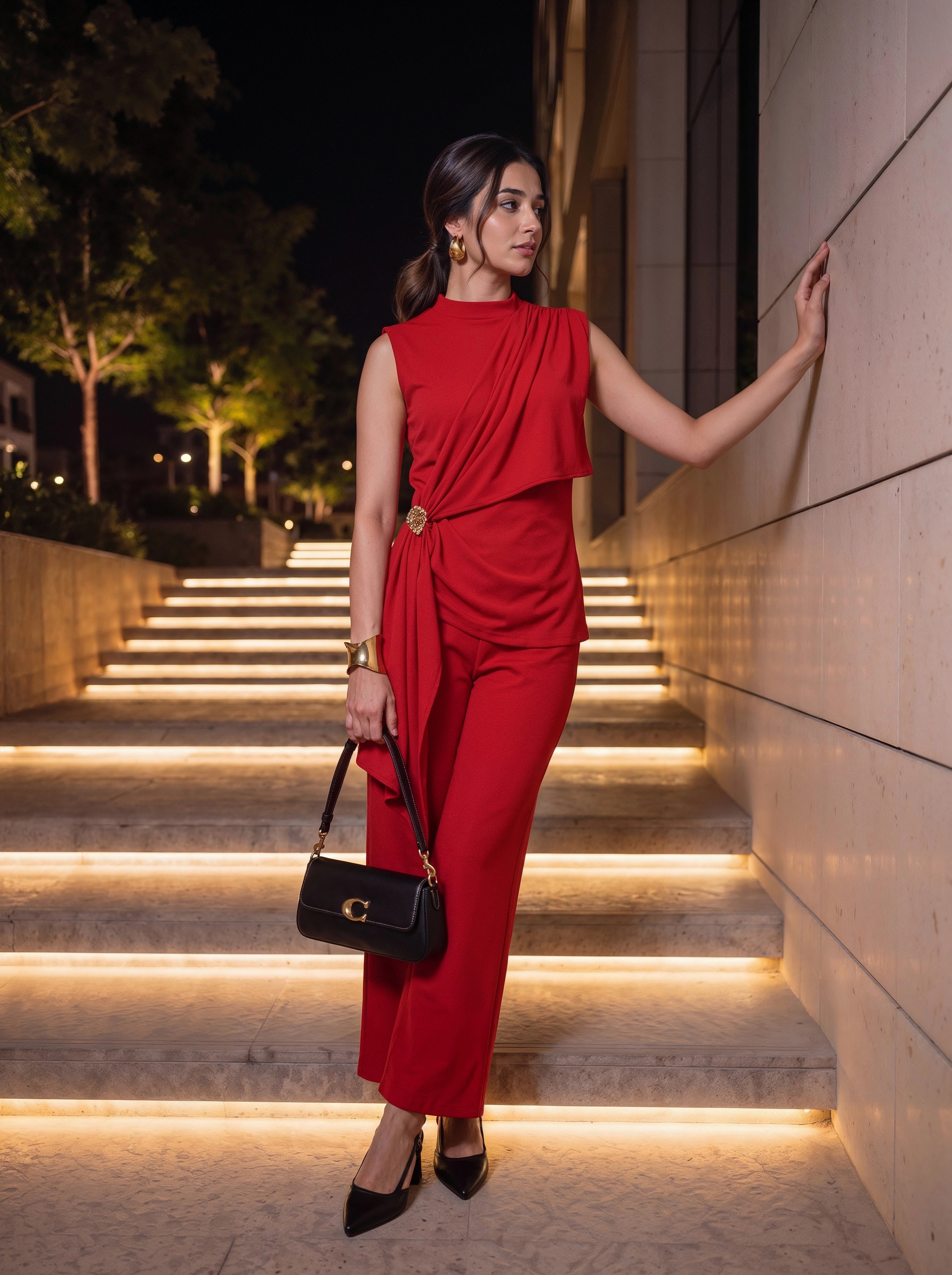 Red Draped Sleeveless Co-Ord Set