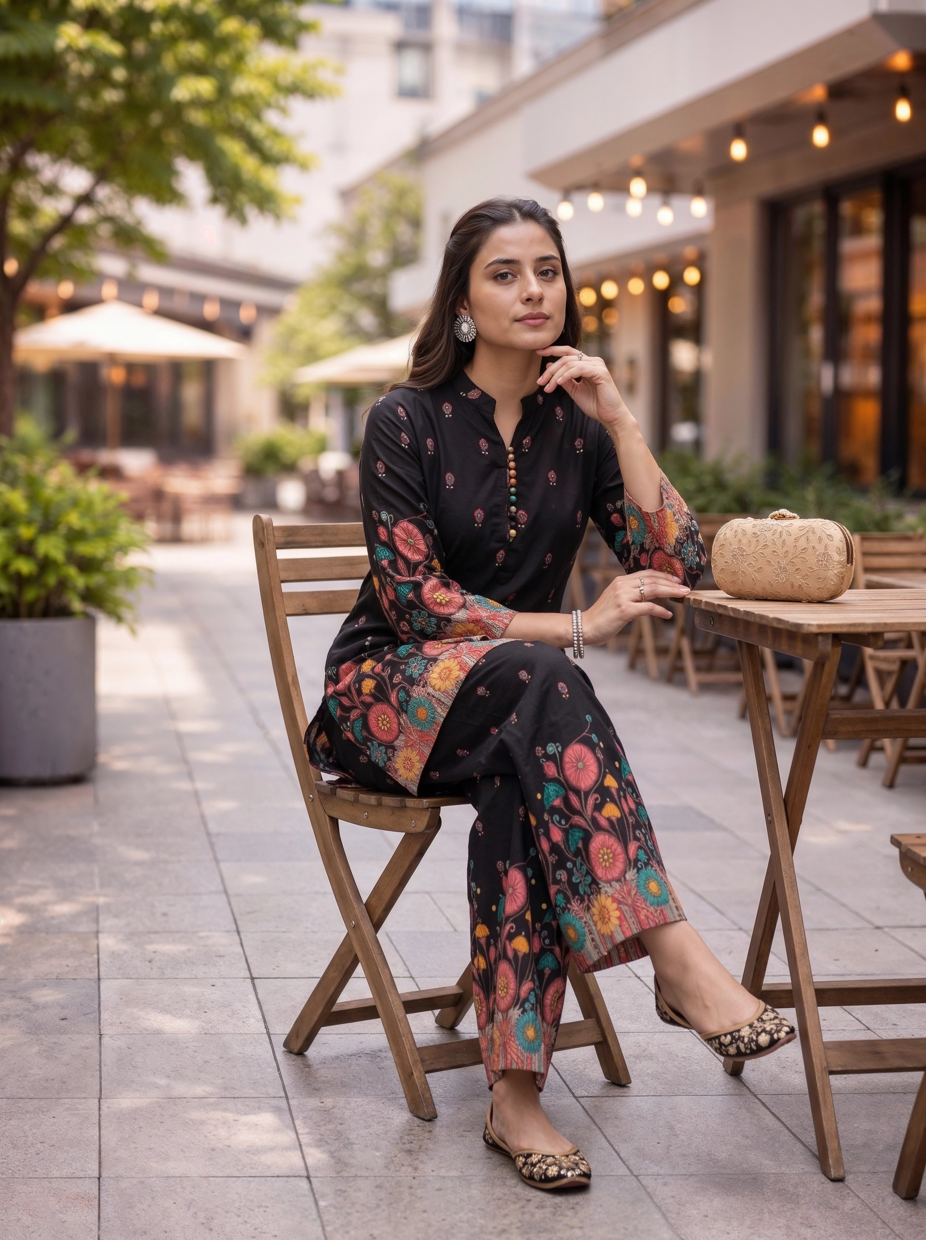 Black Floral Printed Kurta Co-Ord Set