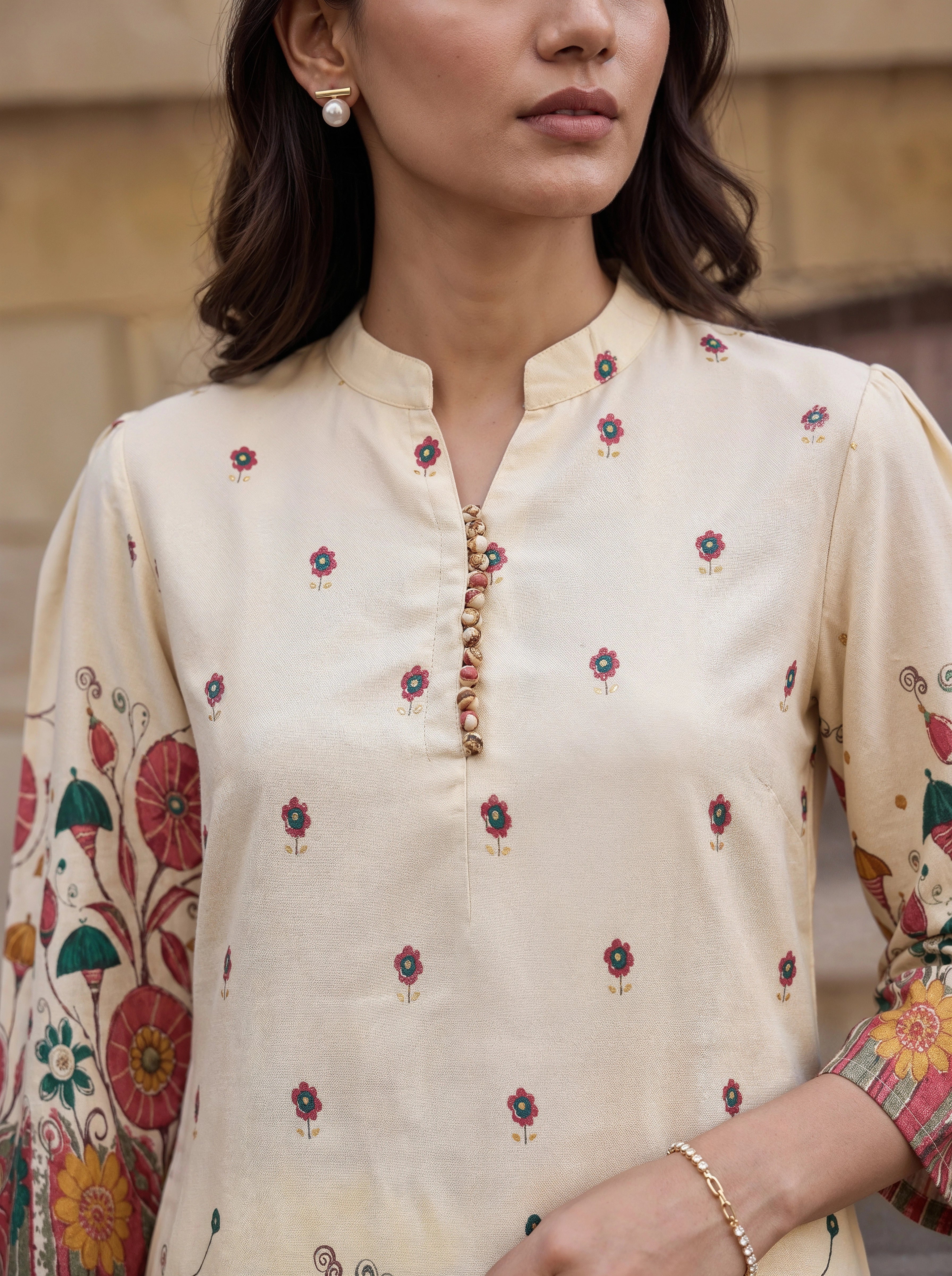 Ivory Floral Printed Kurta Co-Ord Set