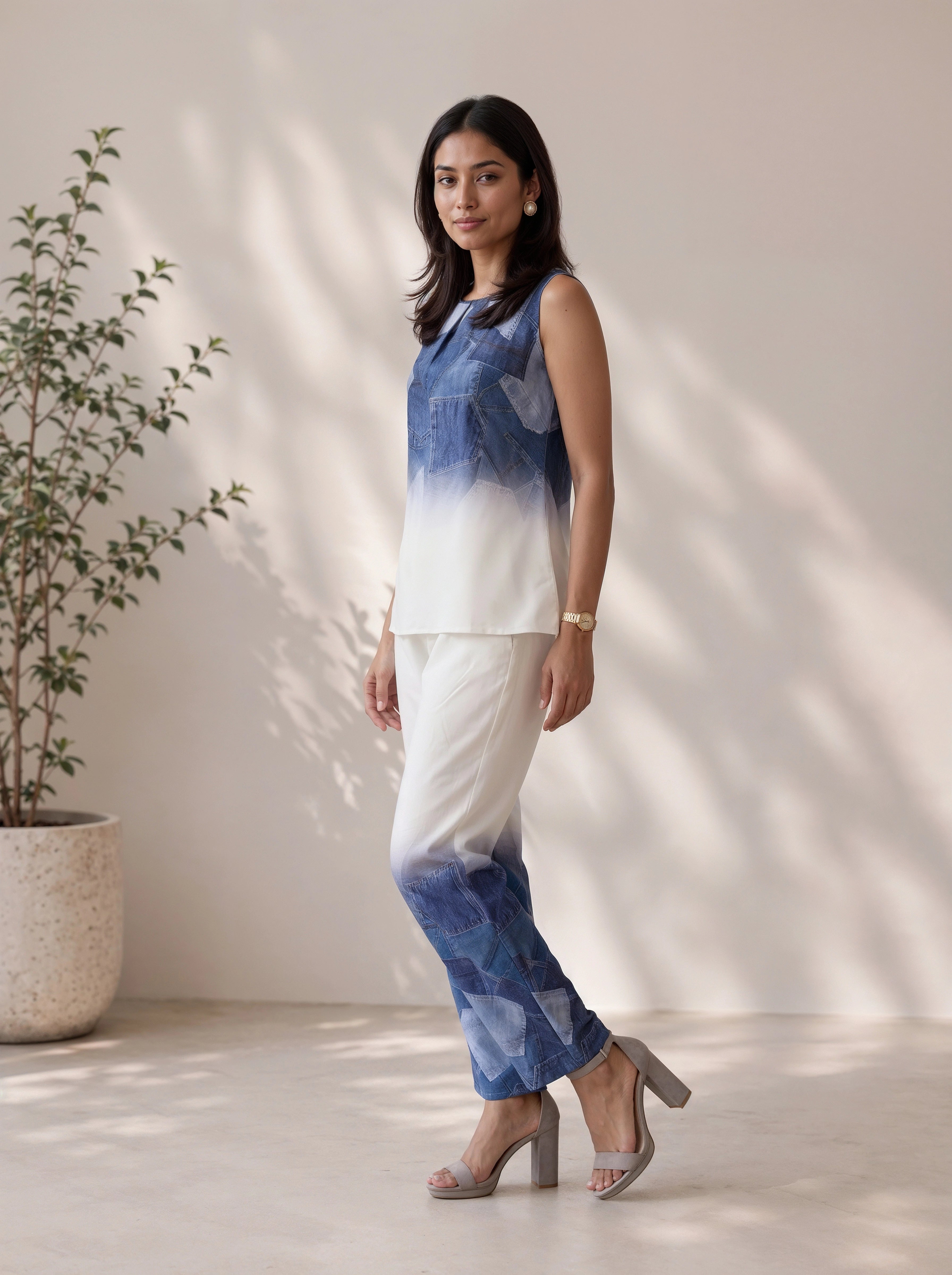Blue Patchwork Print Sleeveless Co-Ord Set