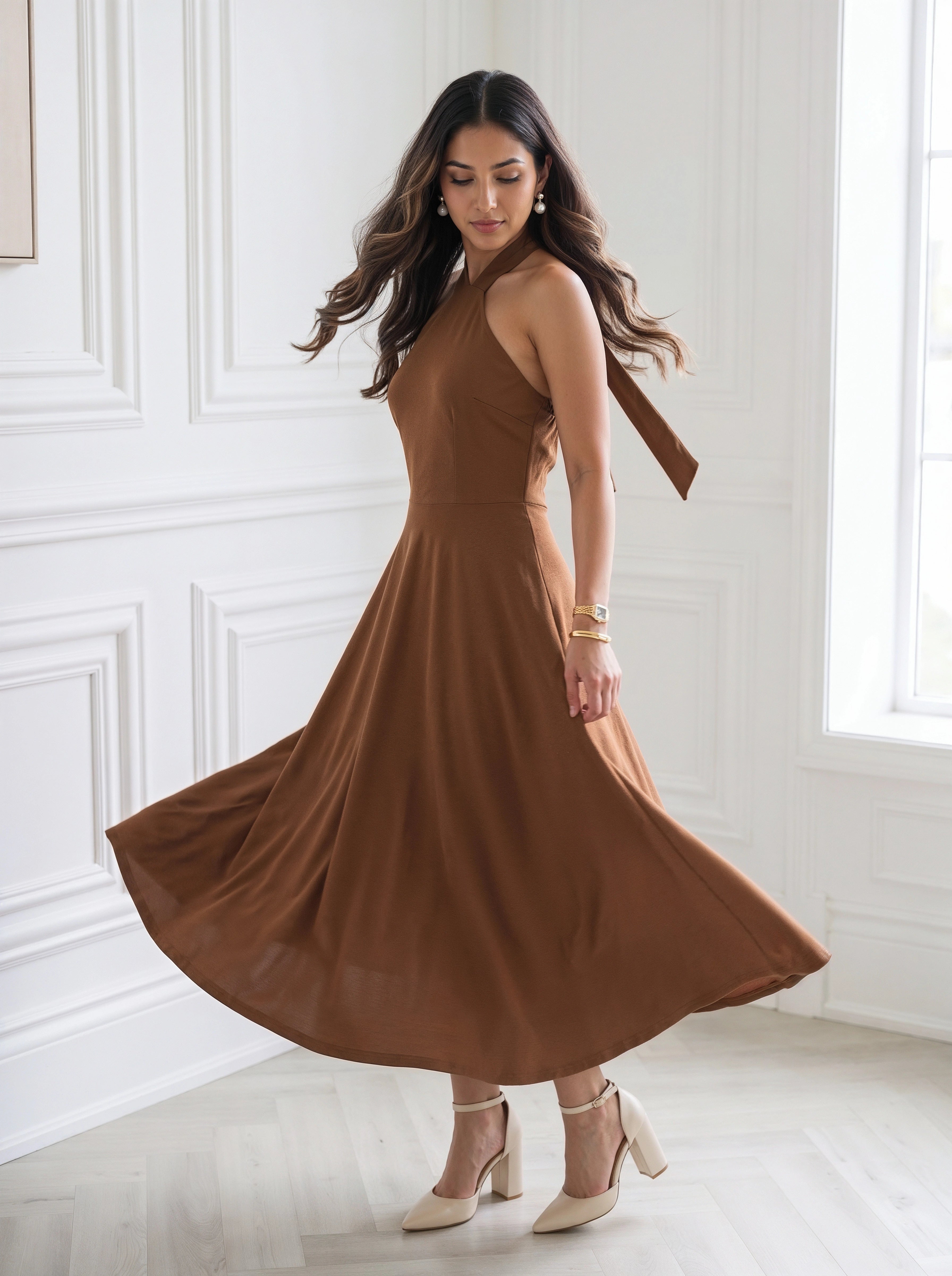 Mocha Brown Halter Neck Flared Midi Dress