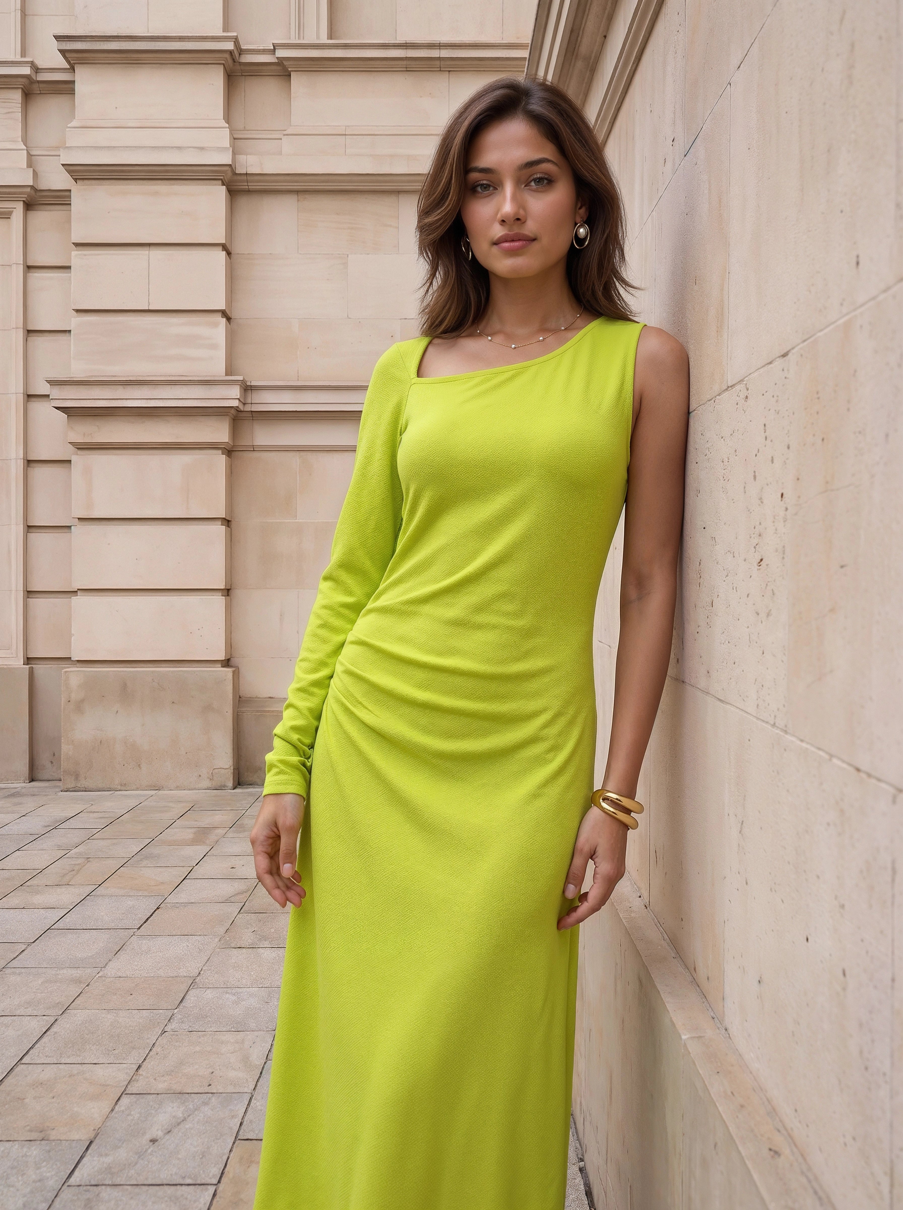 Lime Green One-Shoulder Midi Dress