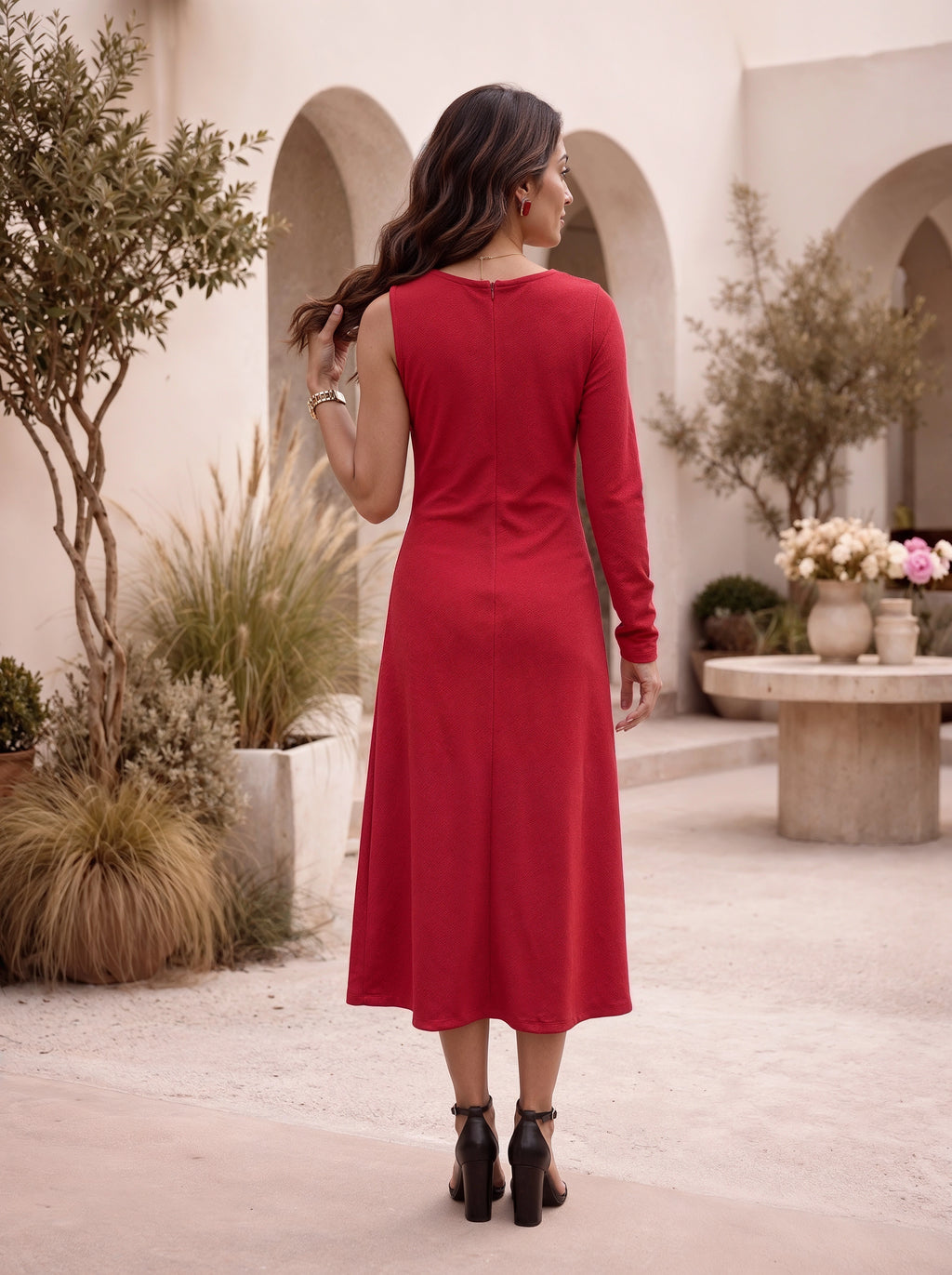 Ruby Red One-Shoulder Ruched Midi Dress