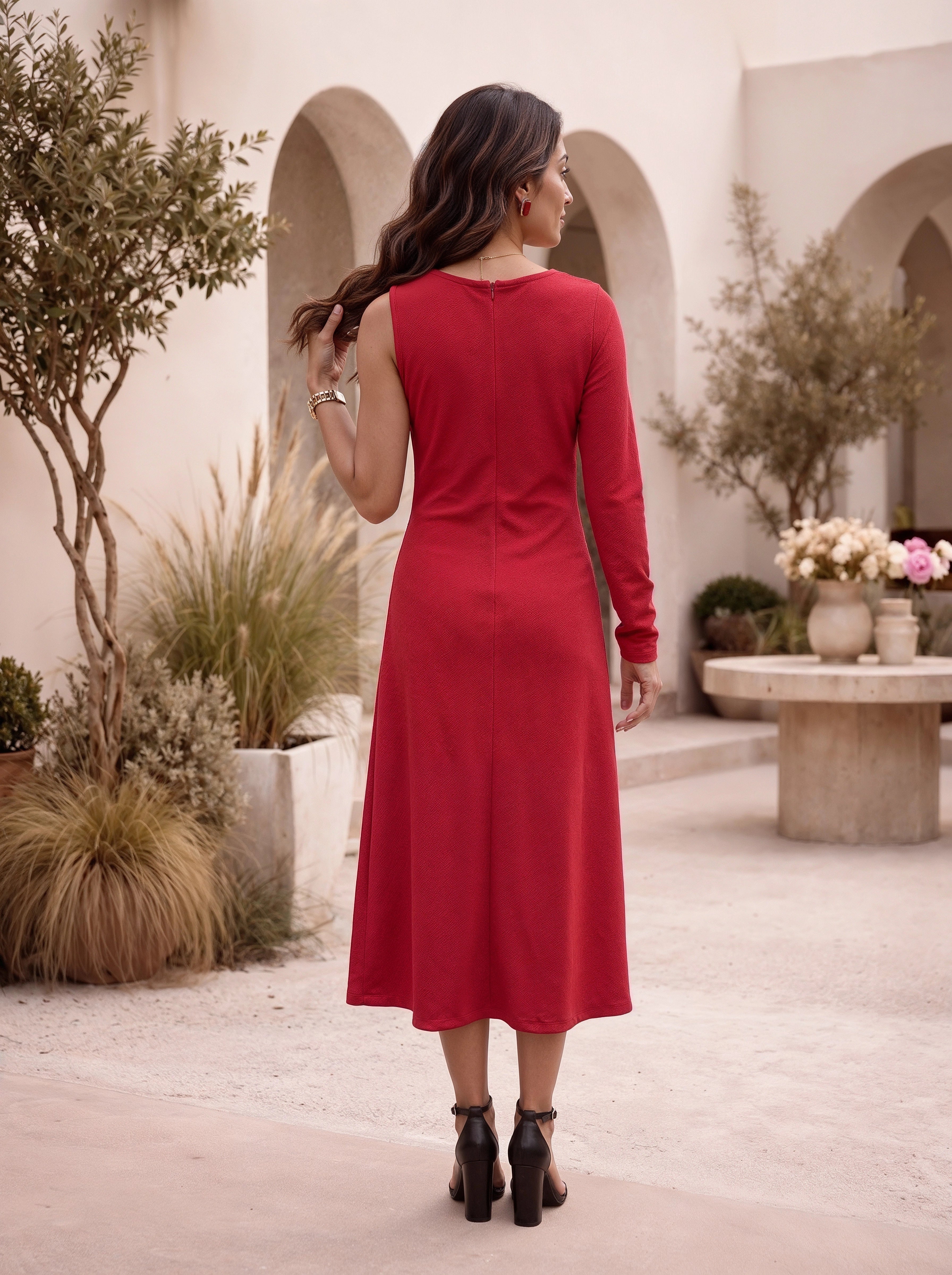Ruby Red One-Shoulder Ruched Midi Dress