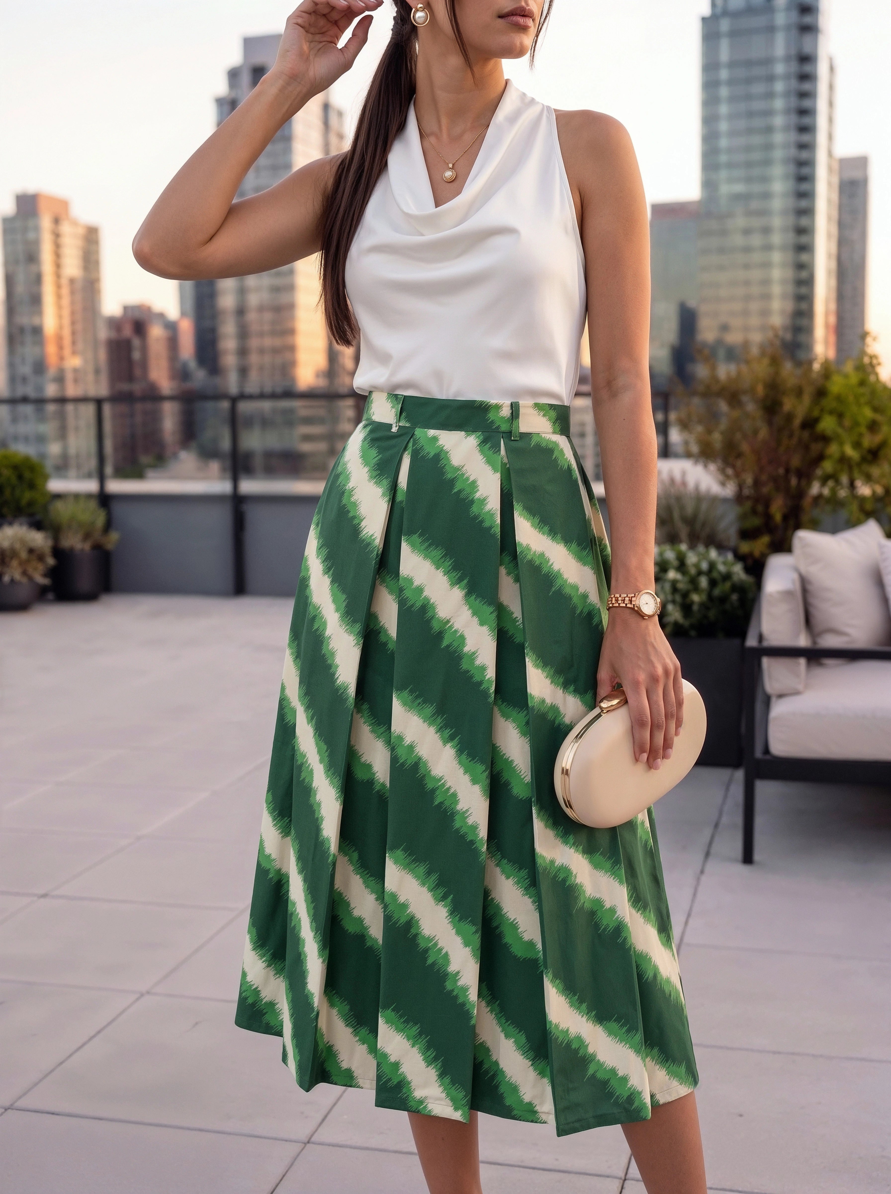 Green Printed Pleated A-Line Midi Skirt