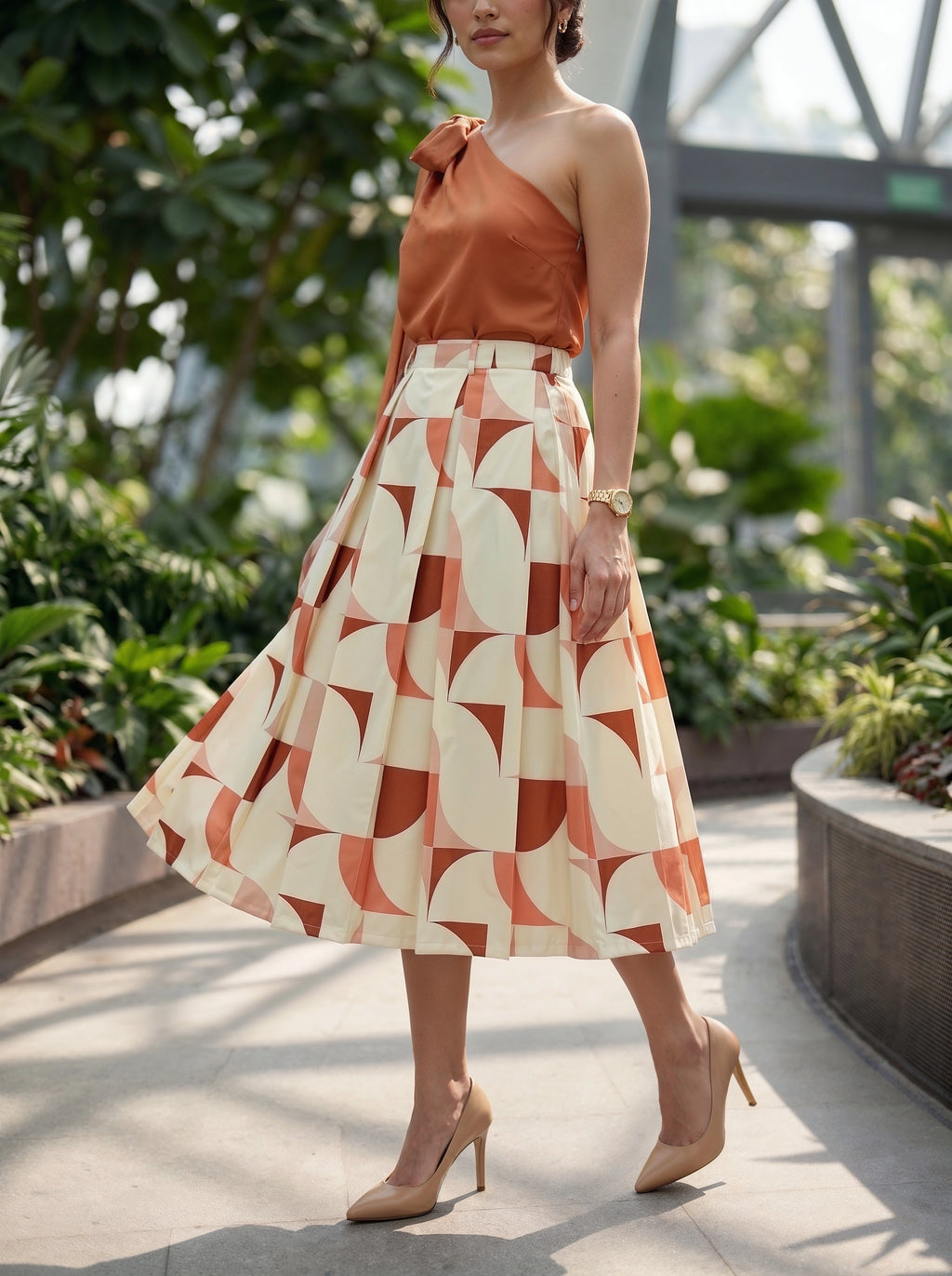 Peach Geometric Printed Pleated Midi Skirt