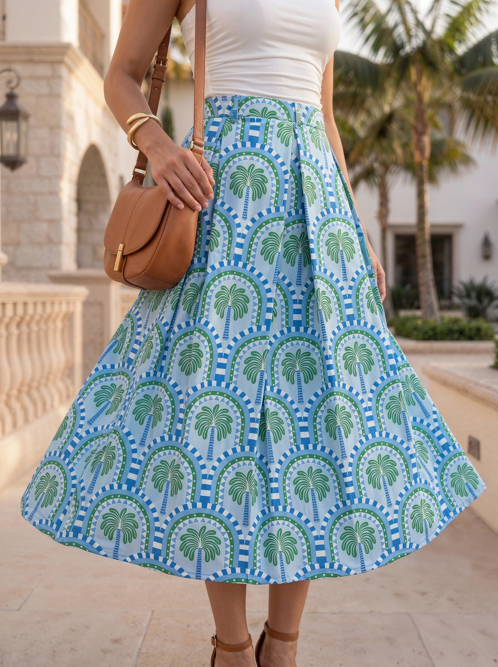 Blue Tropical Printed Pleated Midi Skirt