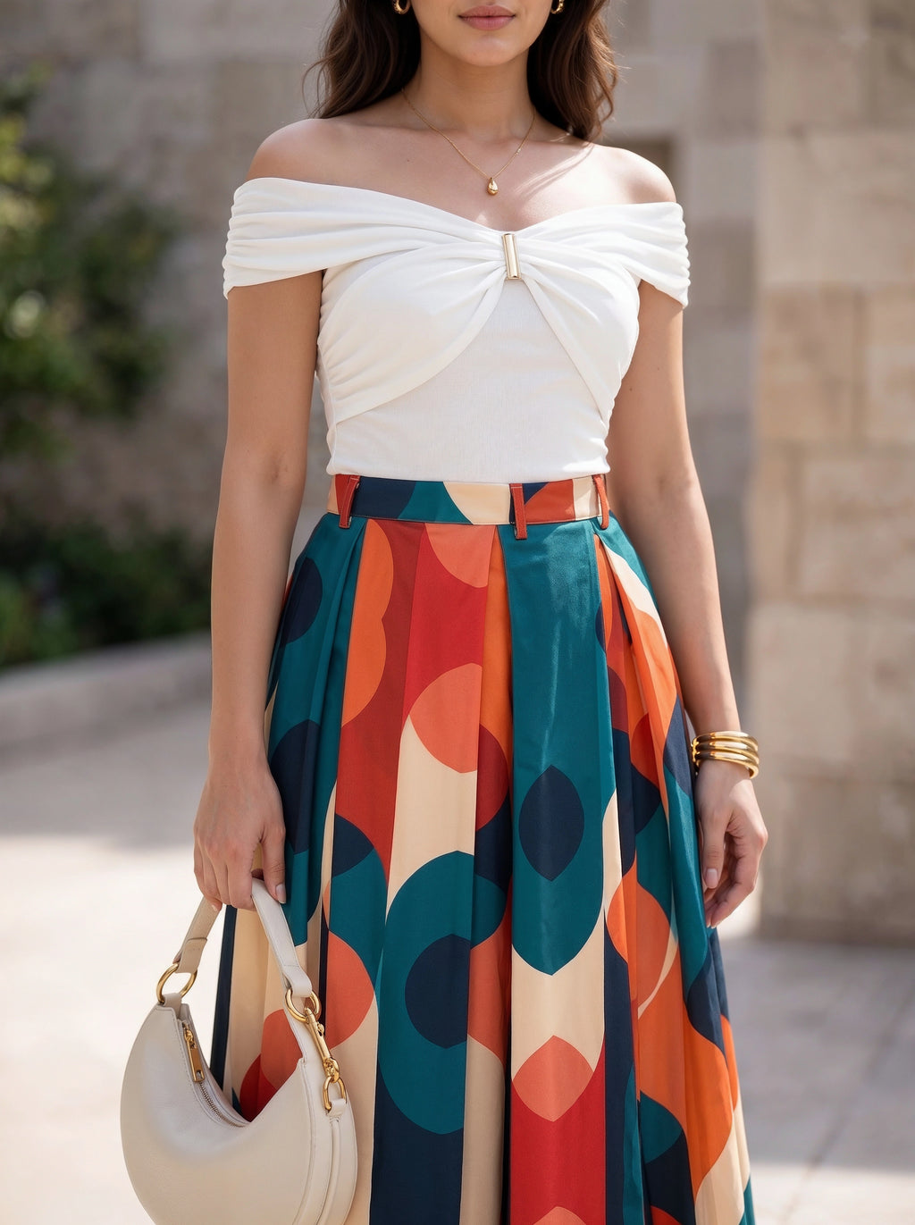 Multicolour Geometric Printed Pleated Midi Skirt