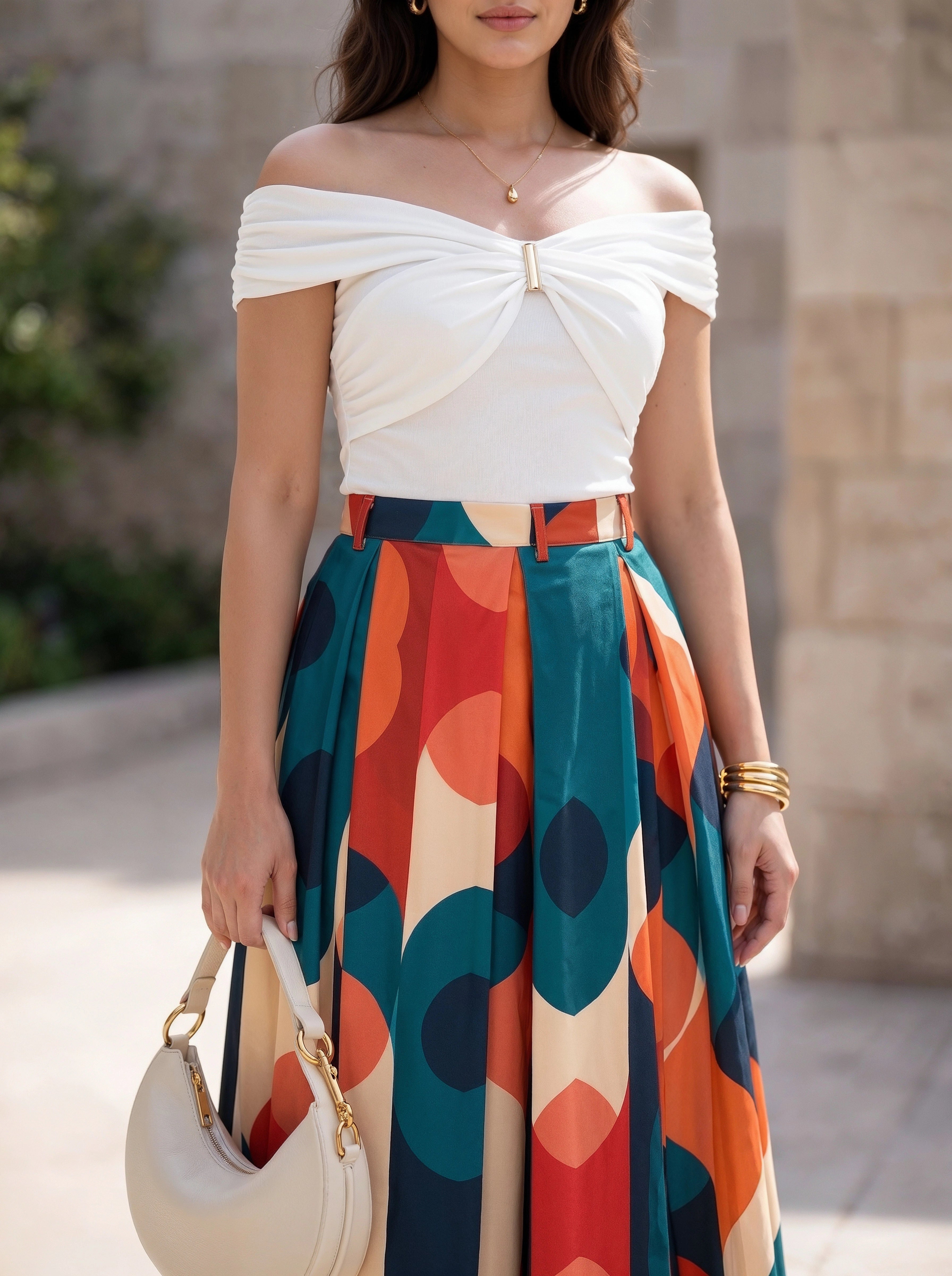 Multicolour Geometric Printed Pleated Midi Skirt