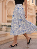 Blue Coastal Printed Pleated Midi Skirt