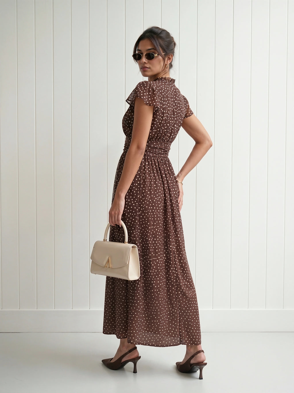Brown Polka Dot Flutter Sleeve Maxi Dress