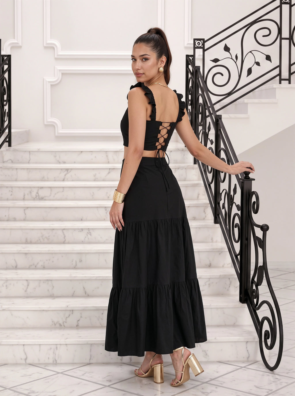Black Ruffle Strap Crop Top & Tiered Skirt Co-Ord Set