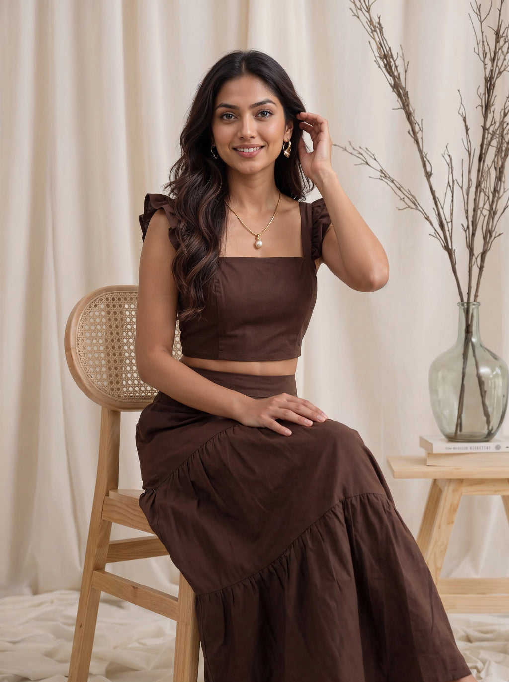 Mocha Ruffle Strap Crop Top & Tiered Skirt Co-Ord Set