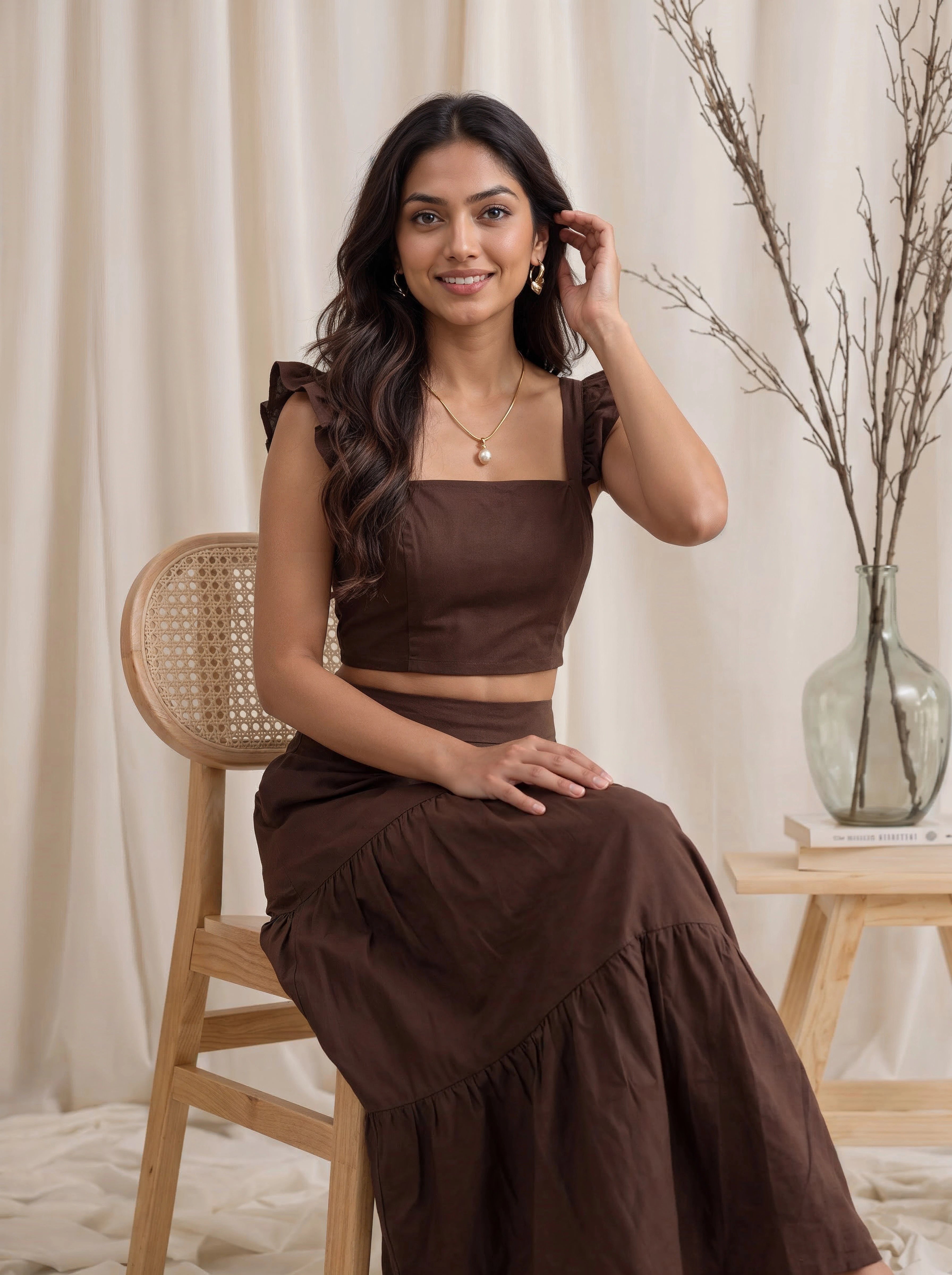 Mocha Ruffle Strap Crop Top & Tiered Skirt Co-Ord Set