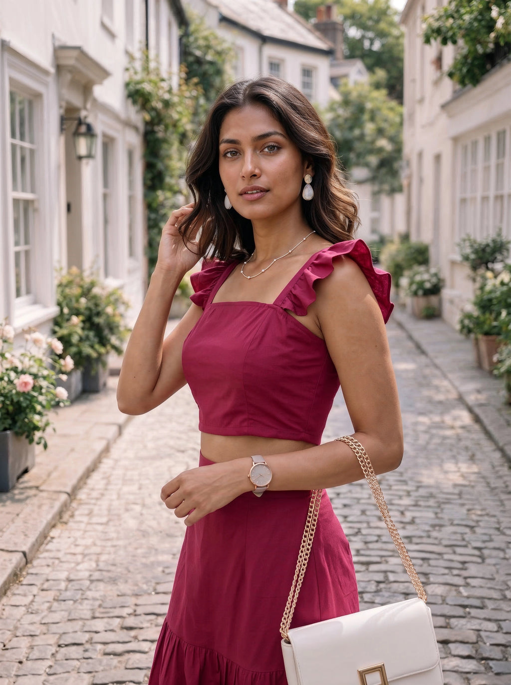 Berry Pink Ruffle Sleeve Crop Top & Tiered Skirt Co-Ord Set
