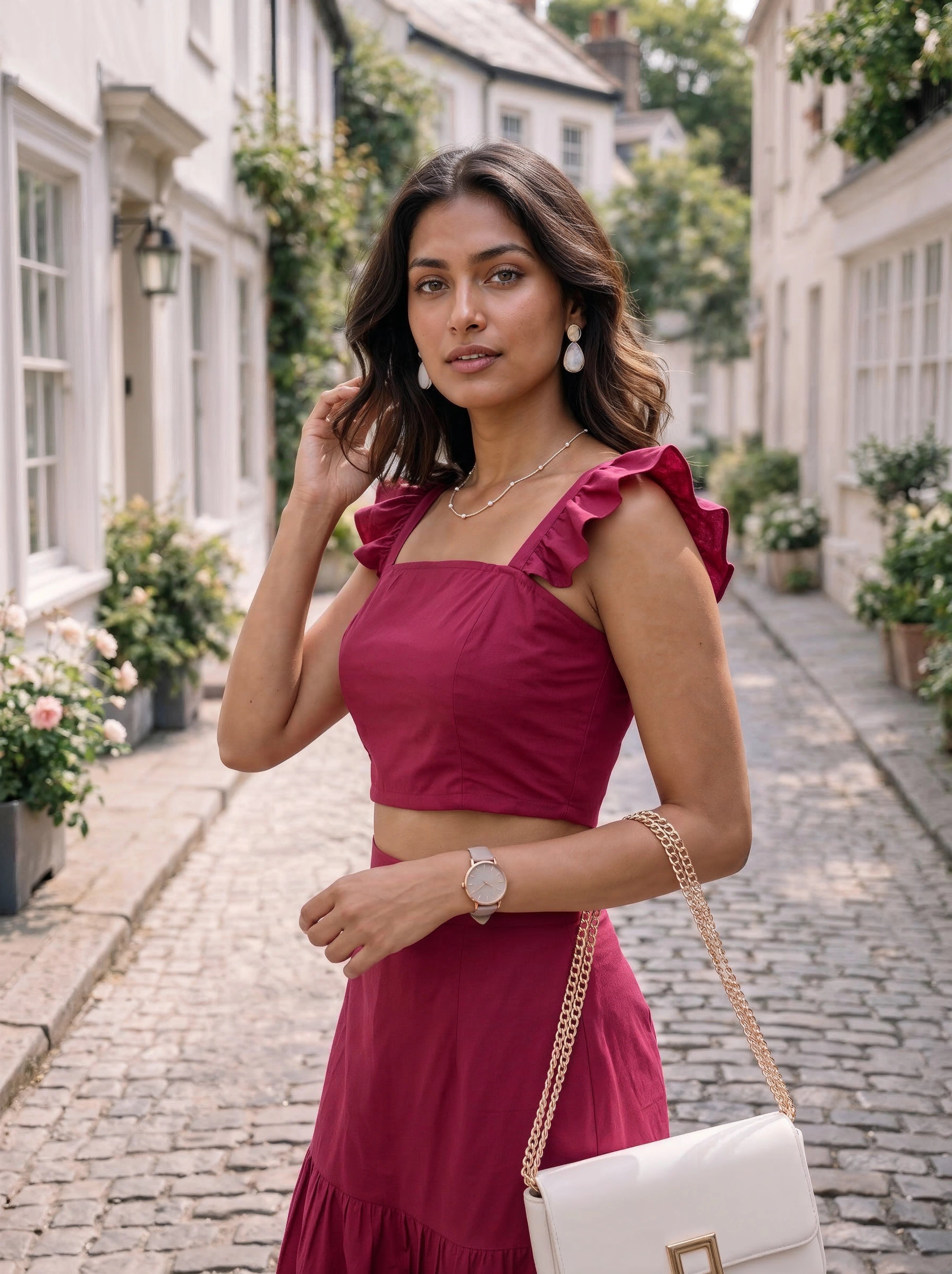 Berry Pink Ruffle Sleeve Crop Top & Tiered Skirt Co-Ord Set