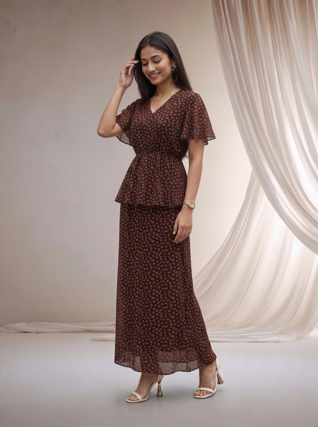 Brown Printed Peplum Top & Maxi Skirt Co-Ord Set