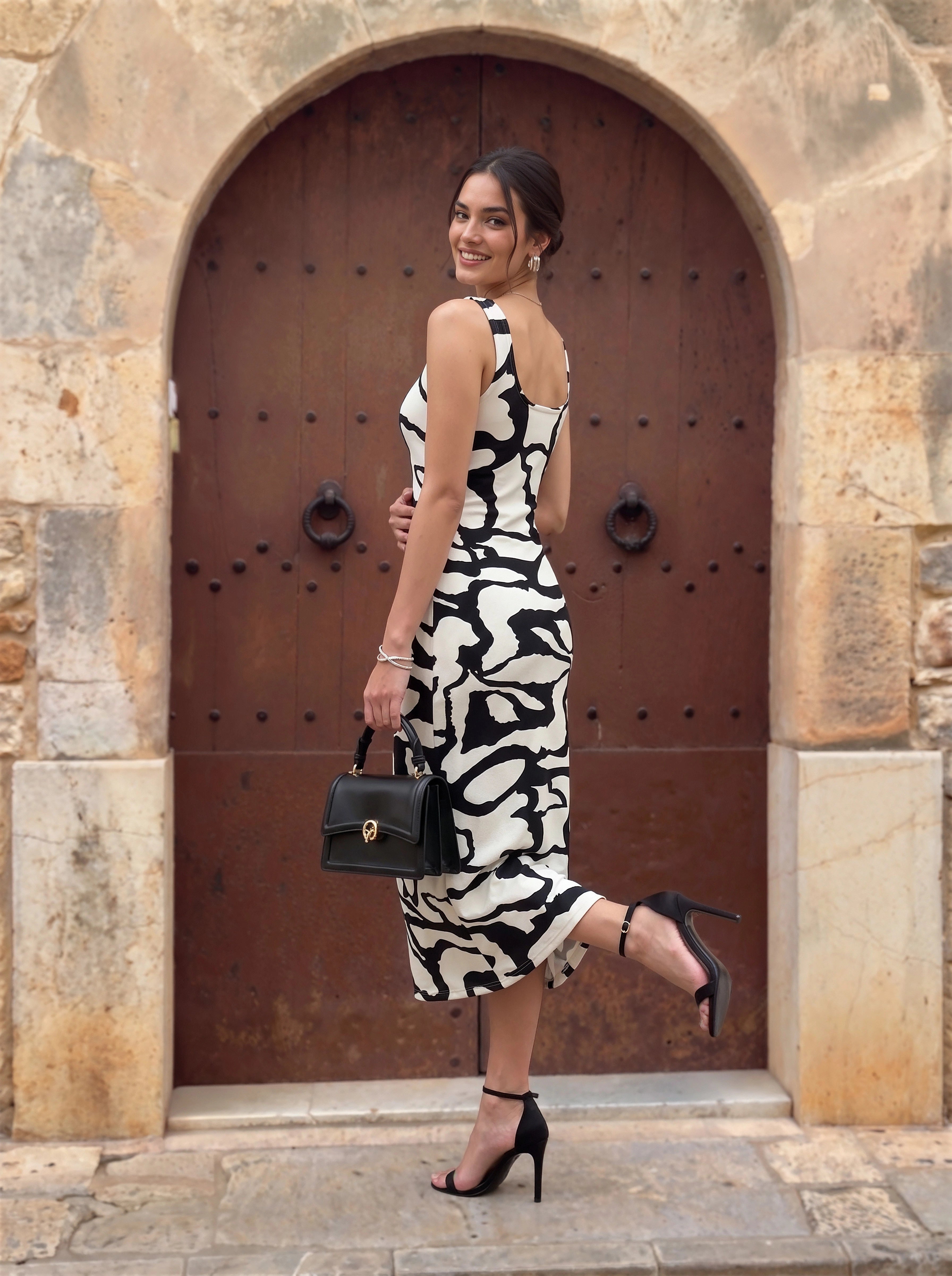 Abstract Monochrome Bodycon Midi Dress for Women