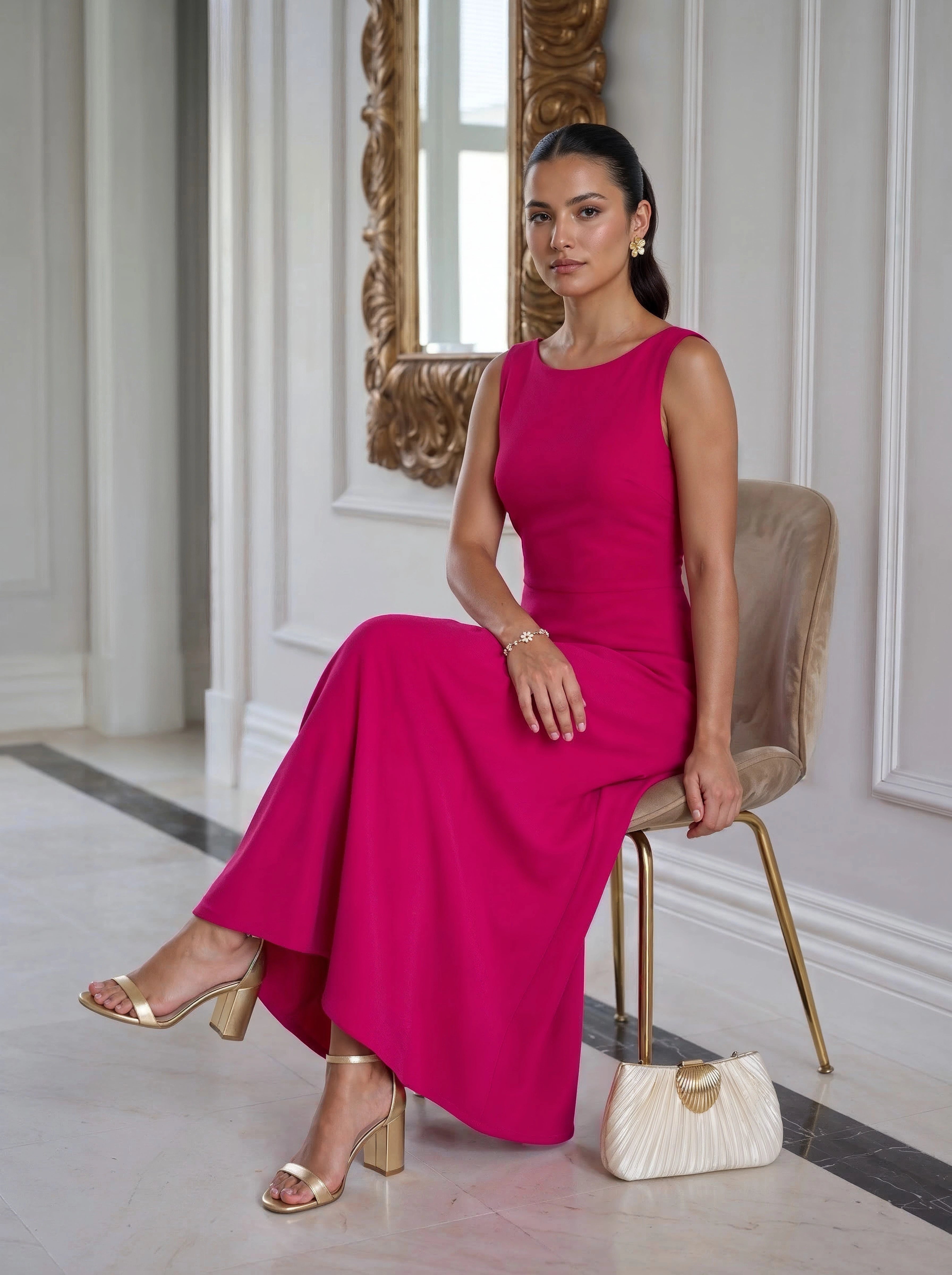 Pink Maxi Dress with Sleeveless Flared Silhouette