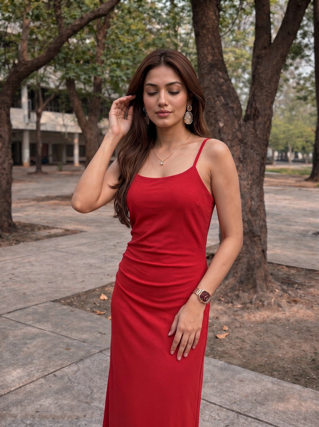 Red Strappy Ruched Maxi Dress