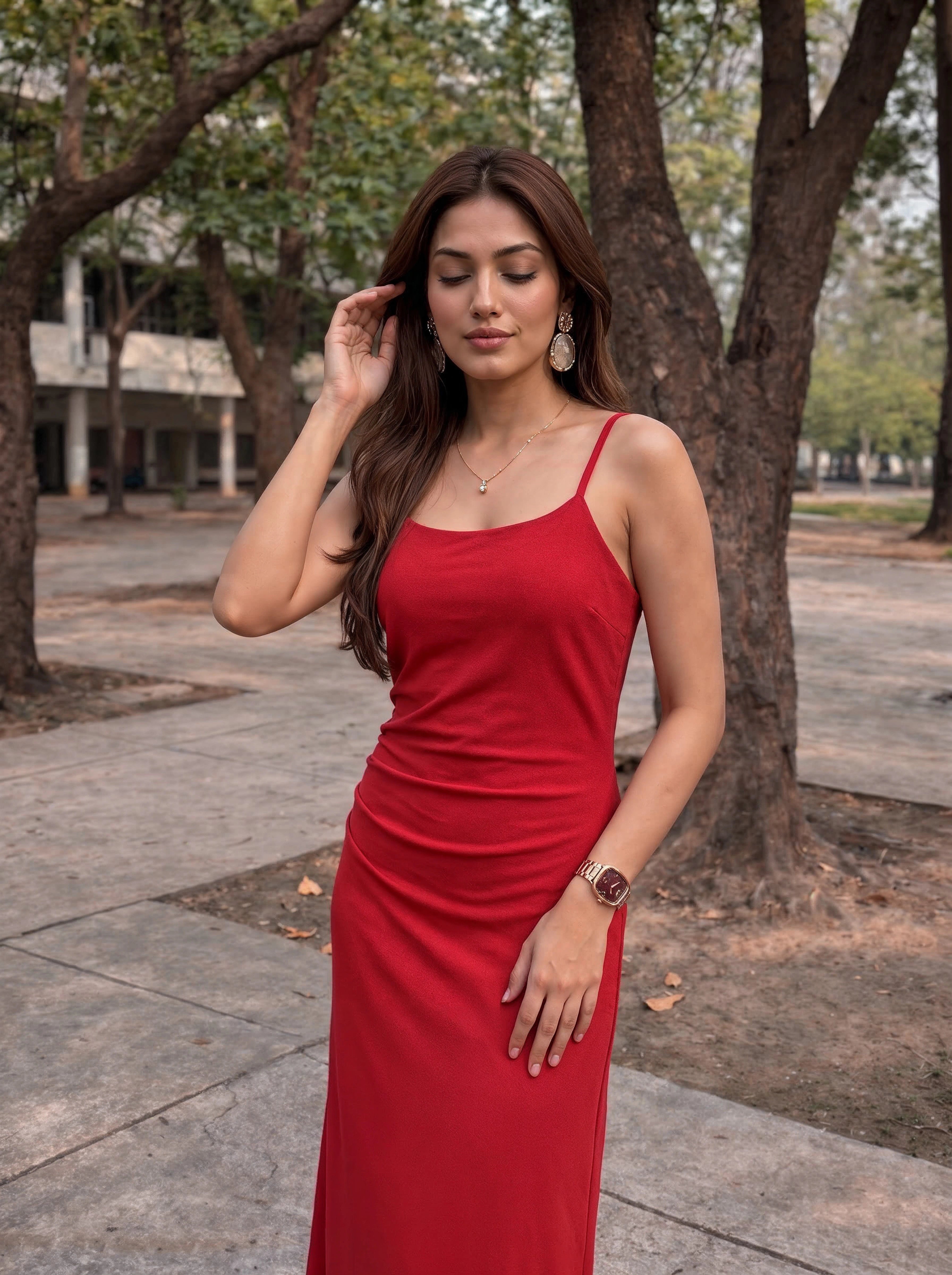 Red Strappy Ruched Maxi Dress
