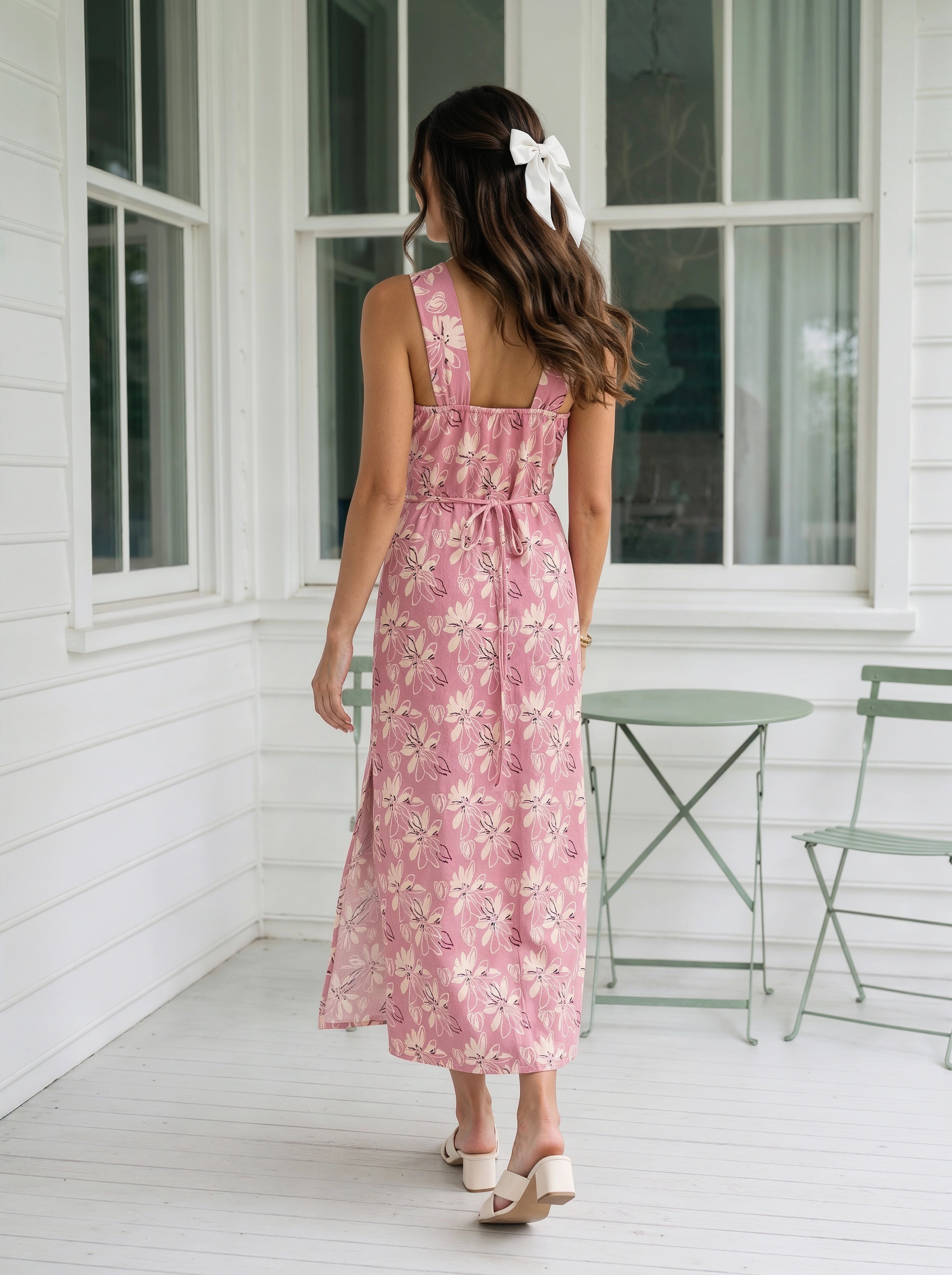 Pink Floral Halter Neck Slit Dress