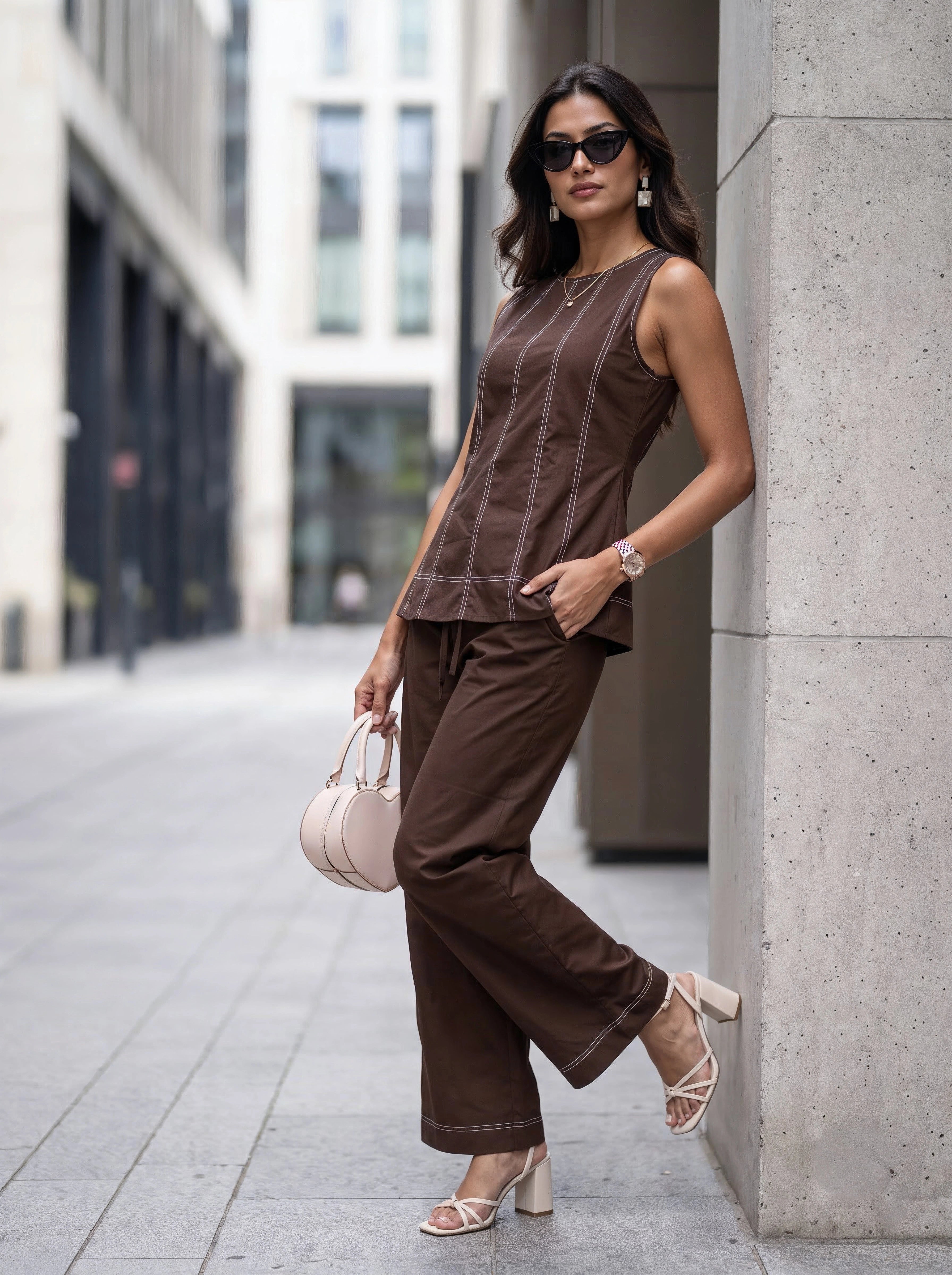 Brown Contrast Stitch Co-Ord Set